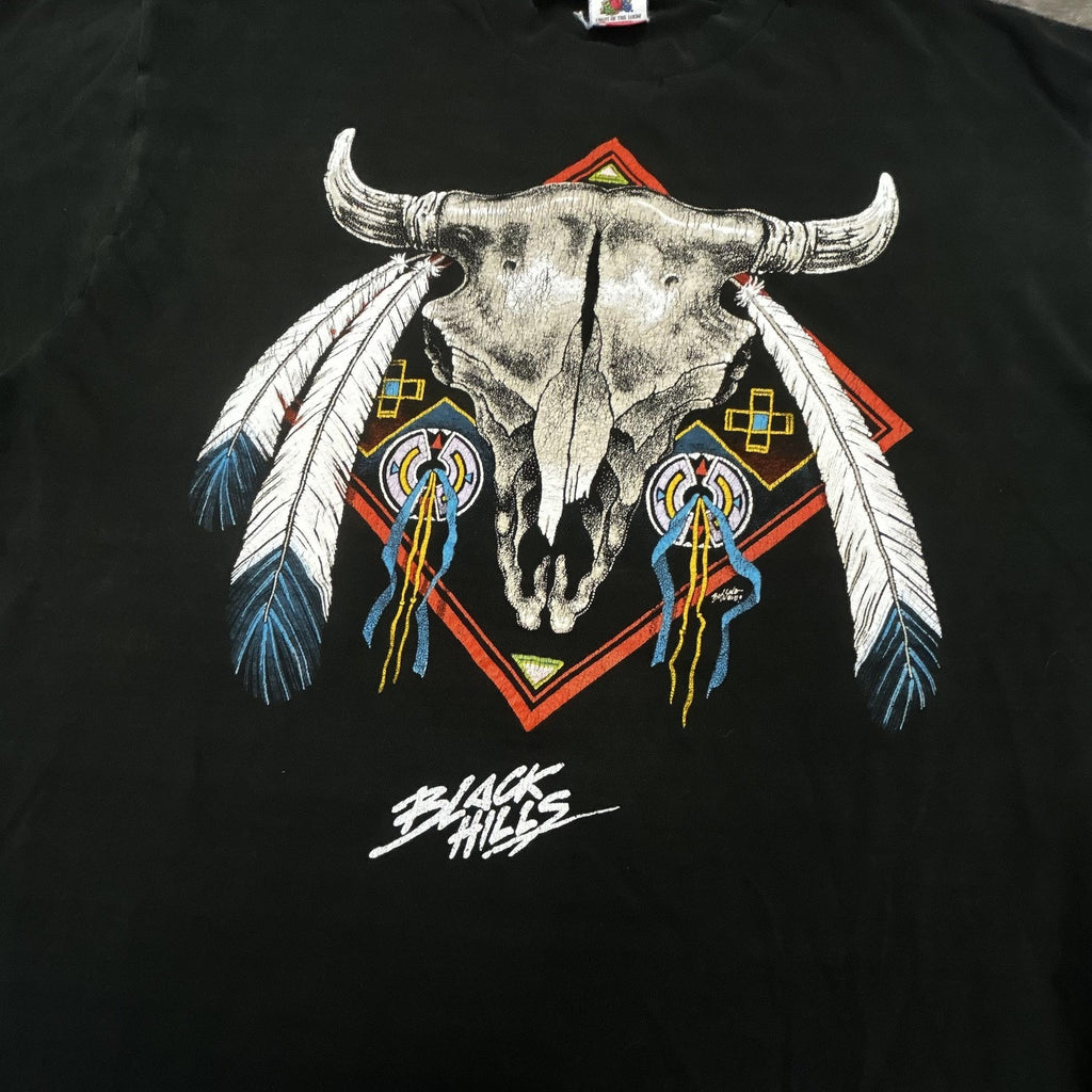 Vintage Black Hills Biker Shirt Mens XL Black Skull Single Stitch Harley 90s USA
