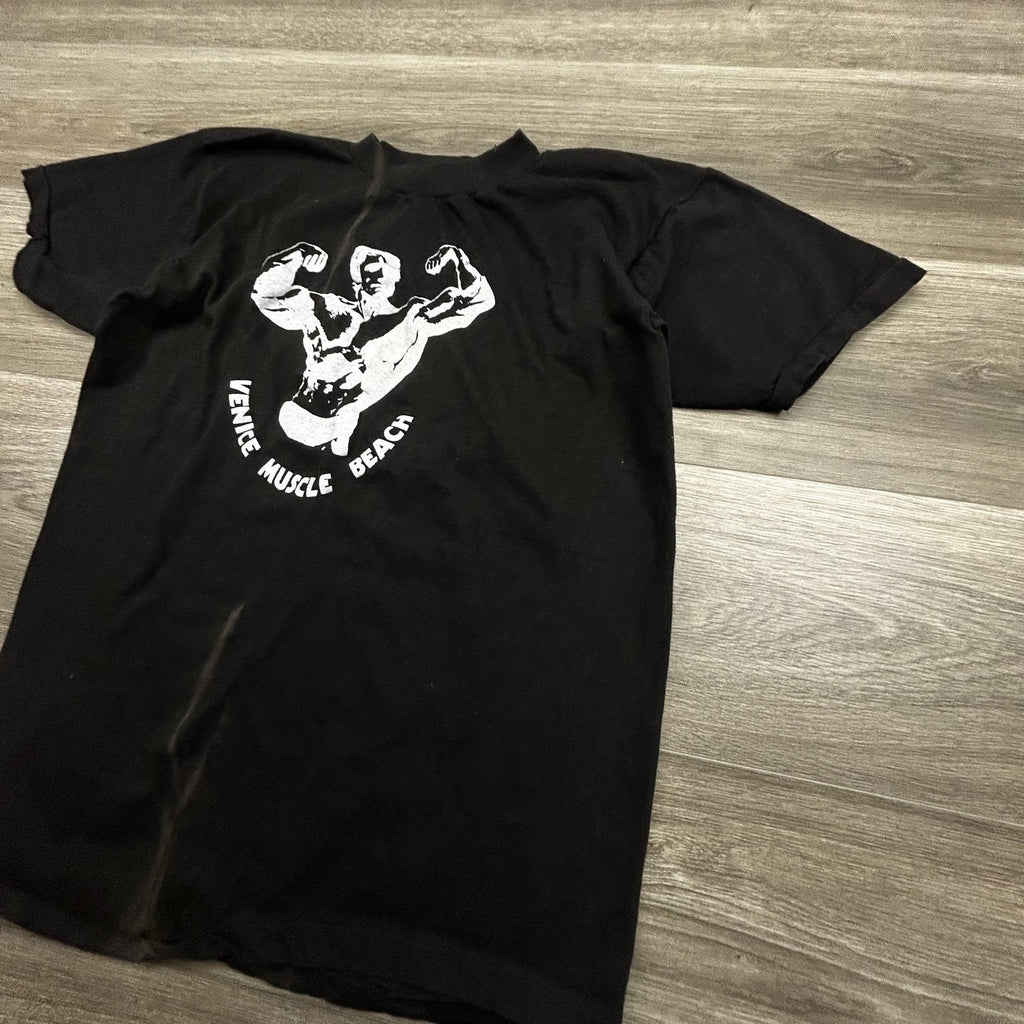 Vintage Venice Muscle Beach Shirt Mens Small (Tag XL) Black Bodybuilding 80s USA