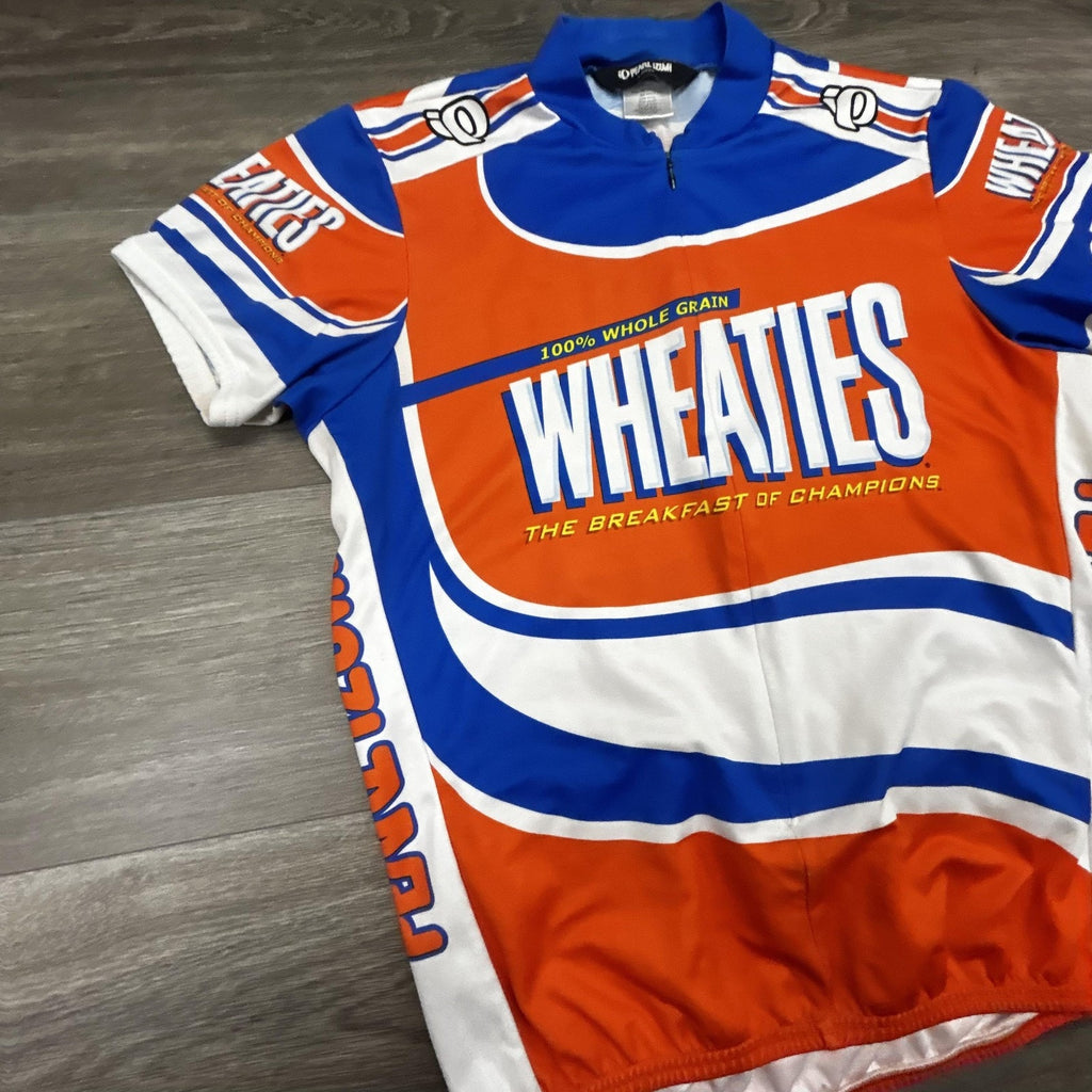 Wheaties Cycling Jersey Mens Large Orange Pearl Izumi 1/4 Zip Pockets Bike Top
