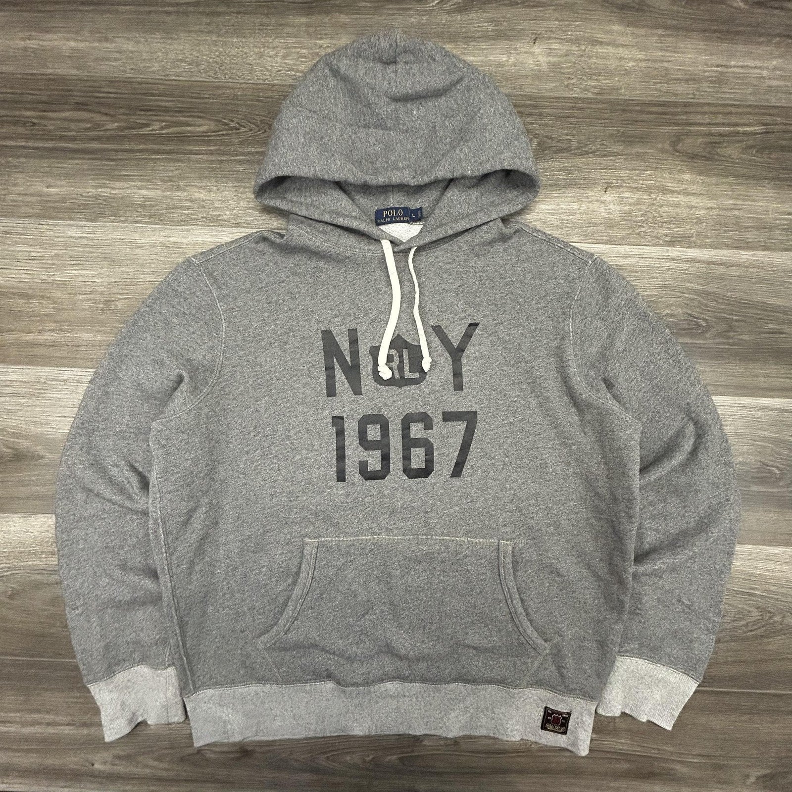 Polo Ralph Lauren Hoodie Mens Large Gray New York NY 1967 Graphic Logo Two Tone