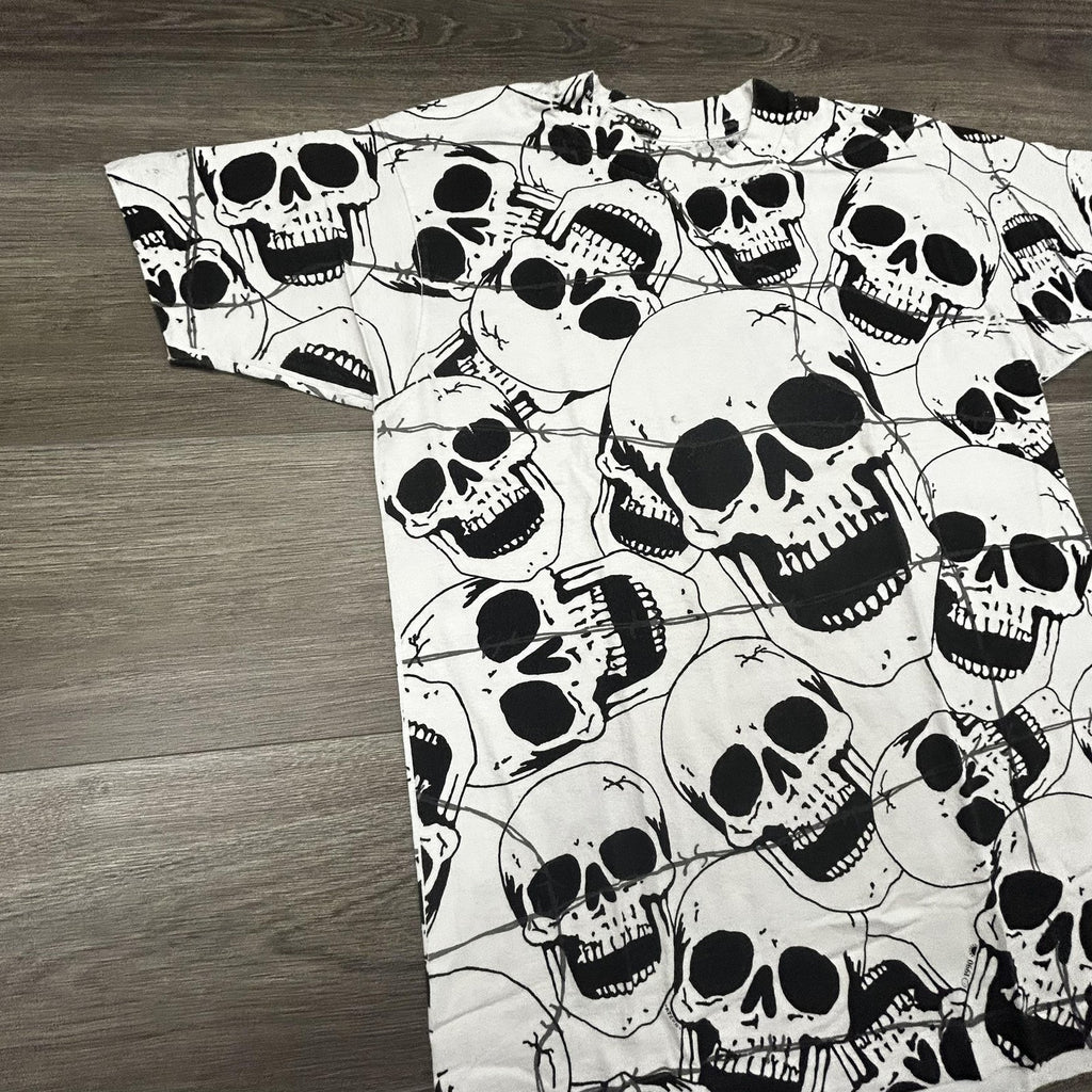 Vintage Skull AOP Shirt Mens Large White Solar-T Biker Punk Single Stitch 90s