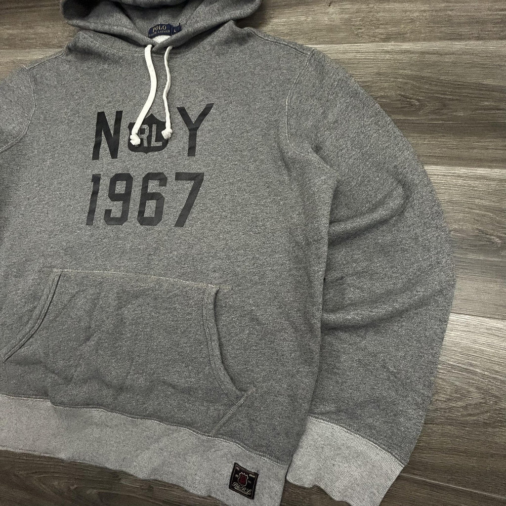 Polo Ralph Lauren Hoodie Mens Large Gray New York NY 1967 Graphic Logo Two Tone