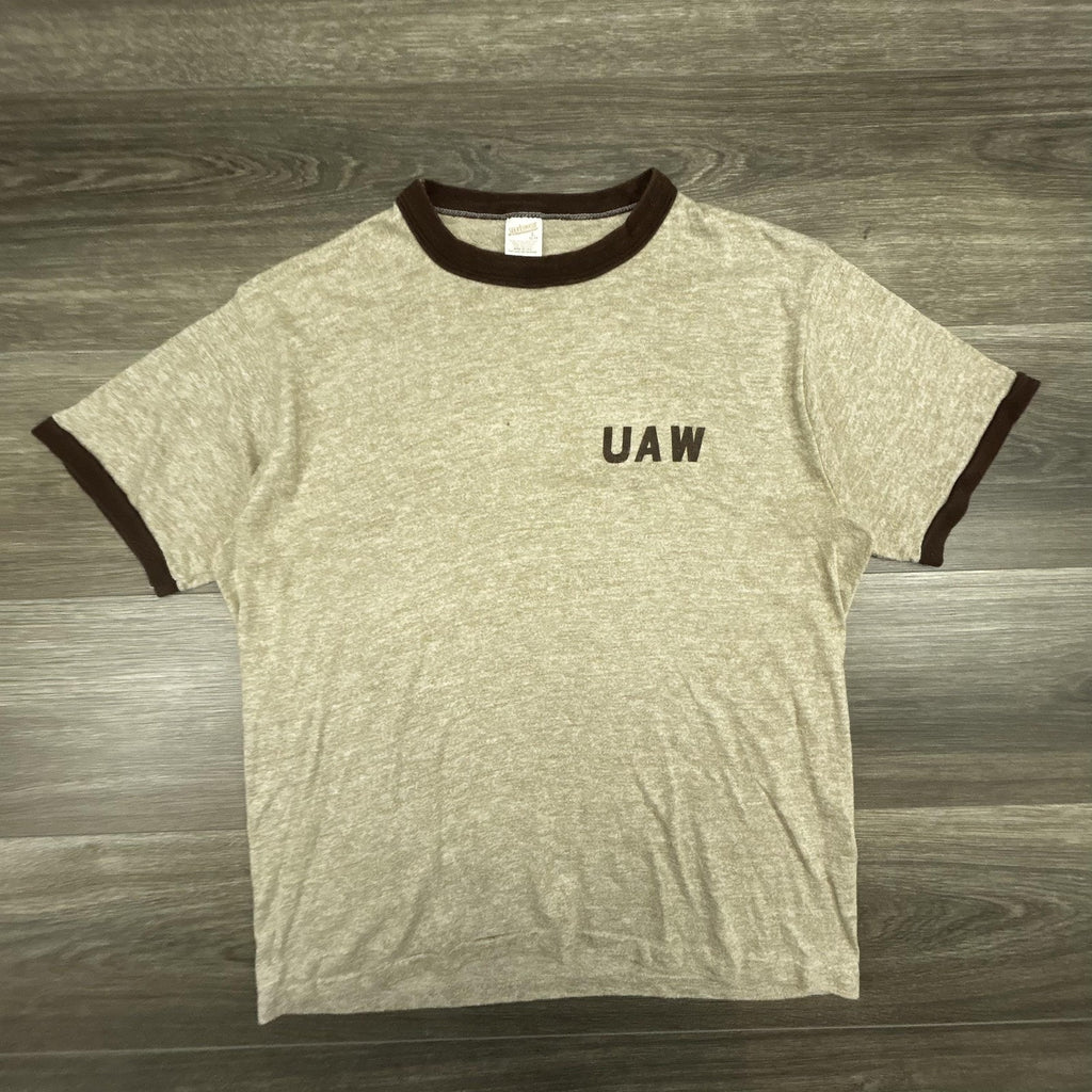 True Vintage 70s Ringer Shirt Mens Large Brown Faded Paper Thin UAW Union USA