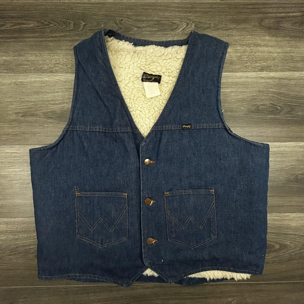 Vintage 80s Wrangler Denim Vest Mens XL Blue Sherpa Western Cowboy Workwear USA