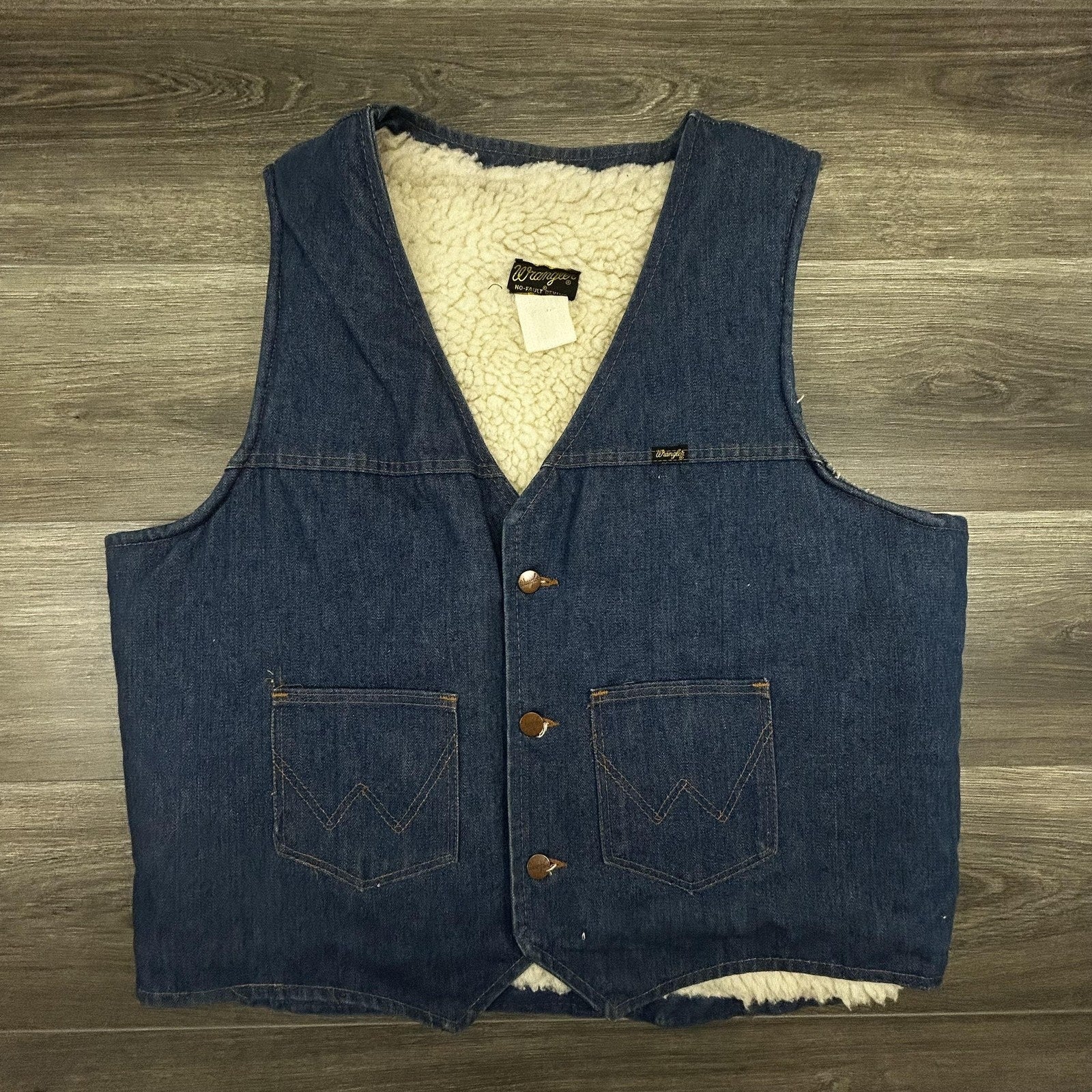 Vintage 80s Wrangler Denim Vest Mens XL Blue Sherpa Western Cowboy Workwear USA