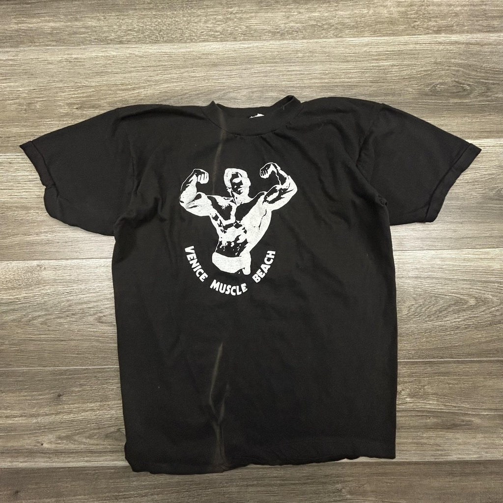 Vintage Venice Muscle Beach Shirt Mens Small (Tag XL) Black Bodybuilding 80s USA