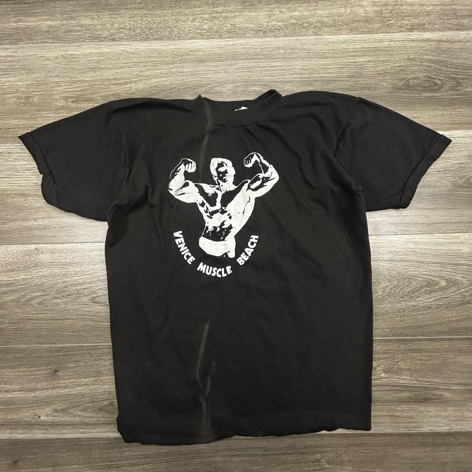 Vintage Venice Muscle Beach Shirt Mens Small (Tag XL) Black Bodybuilding 80s USA