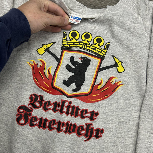 Vintage Champion Blue Bar Sweatshirt Mens Medium Gray Berlin Fire Dept Bear 70s
