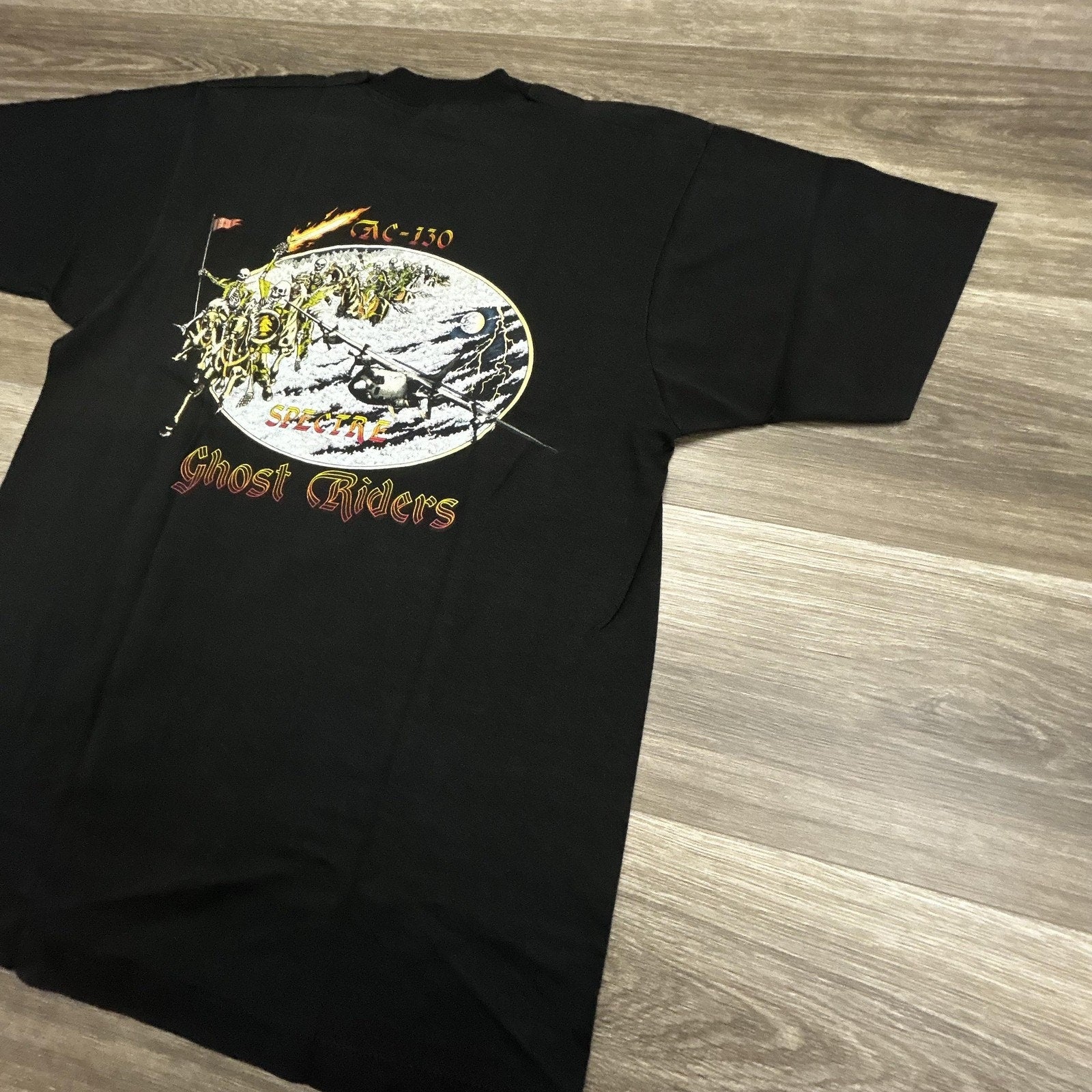 Vintage Ghost Riders Shirt Mens Large Black AC-130 Spectre Military Skeleton USA