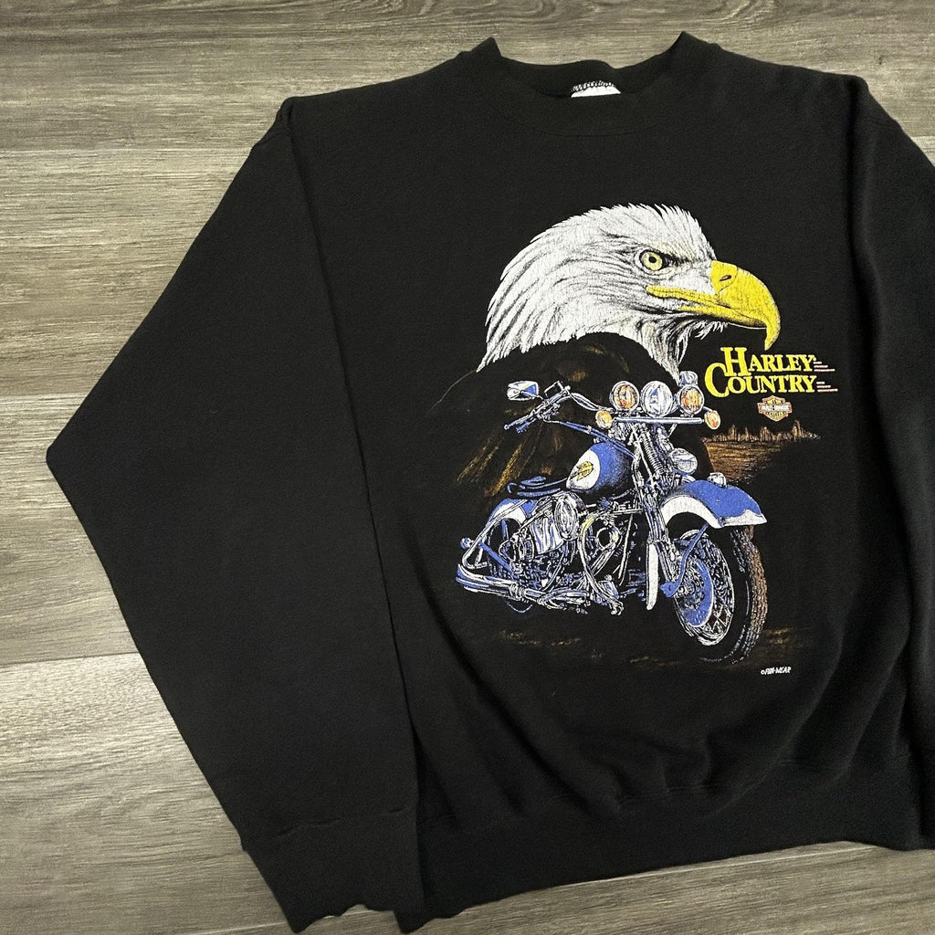 Vintage Harley Davidson Sweatshirt Mens Large Black Eagle Motorcycle Country 90s