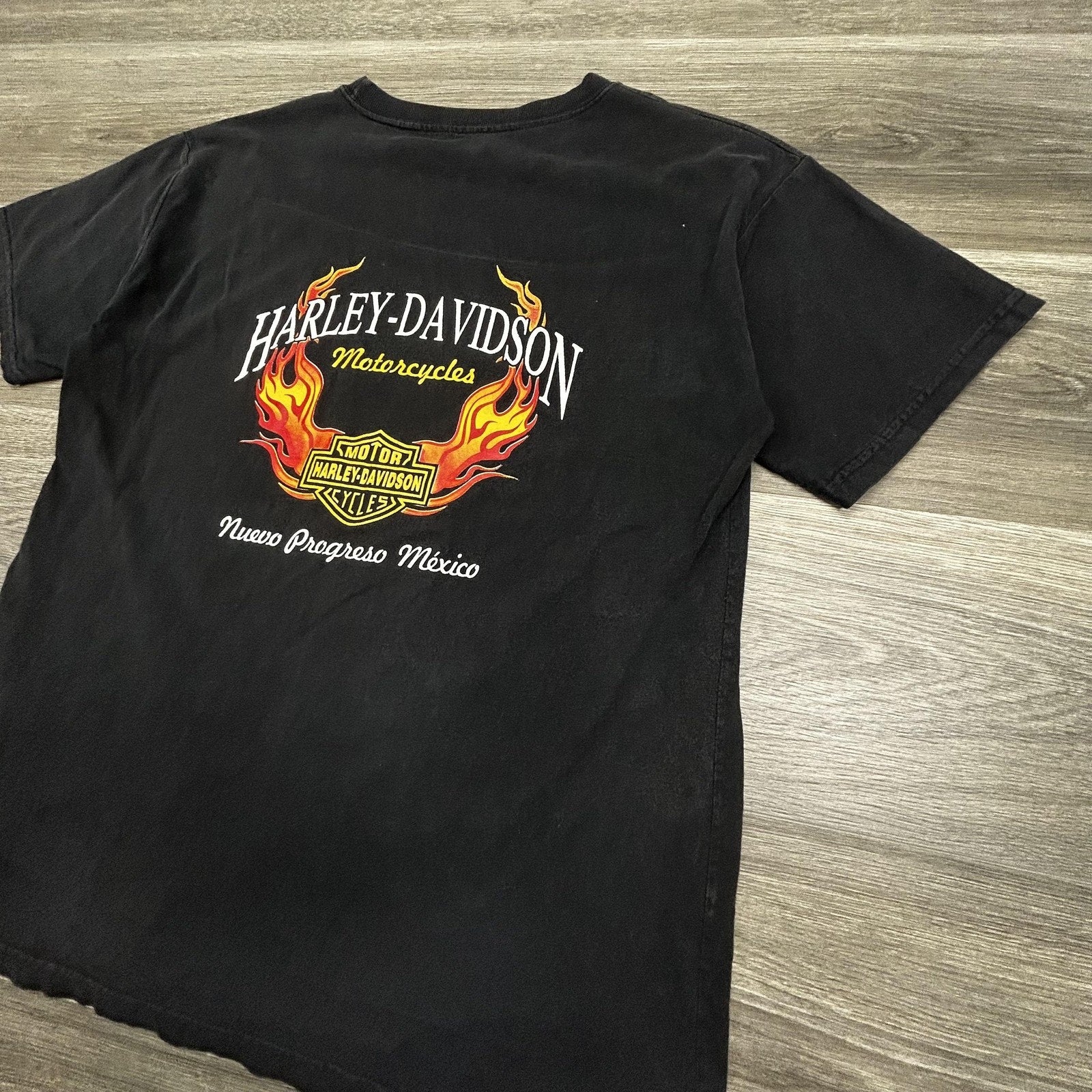 Vintage Harley Davidson Shirt Mens Medium Black Flames Mexico Biker 90s Faded