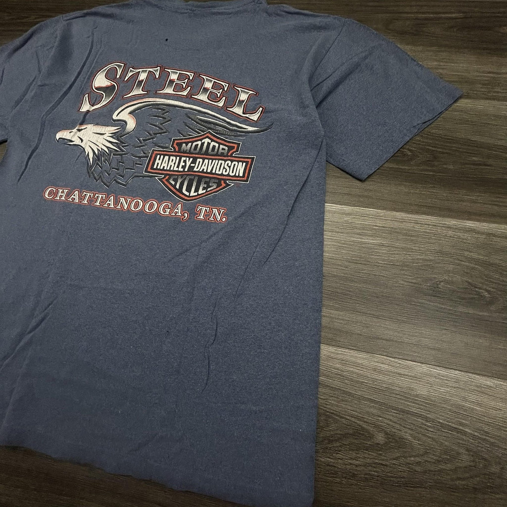 Vintage Harley Davidson Shirt Mens Large Blue Eagle Chrome SIngle Stitch 90s USA