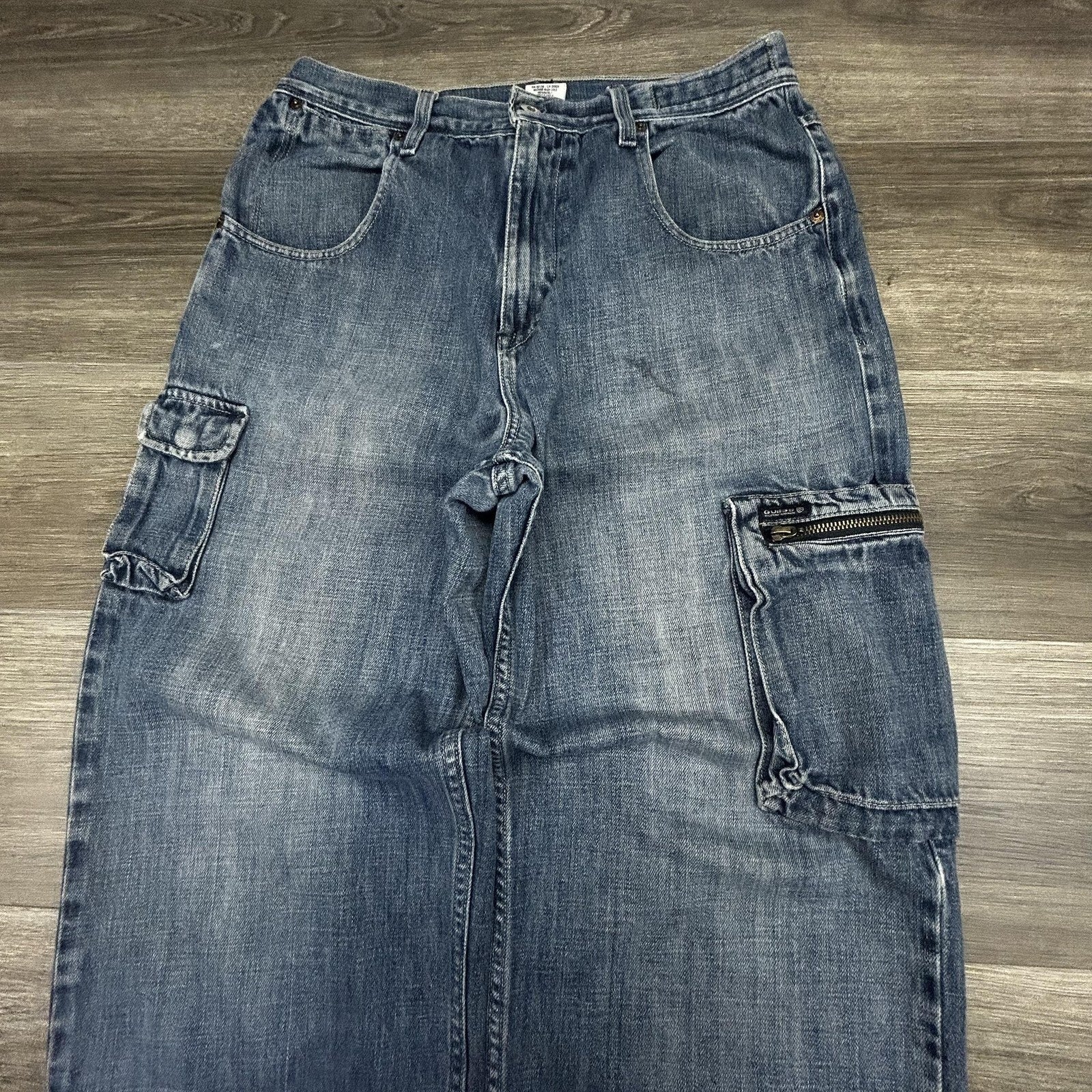 Vintage Guess Cargo Jeans Mens 32x32 Blue Wide Leg Carpenter Baggy Denim Y2K