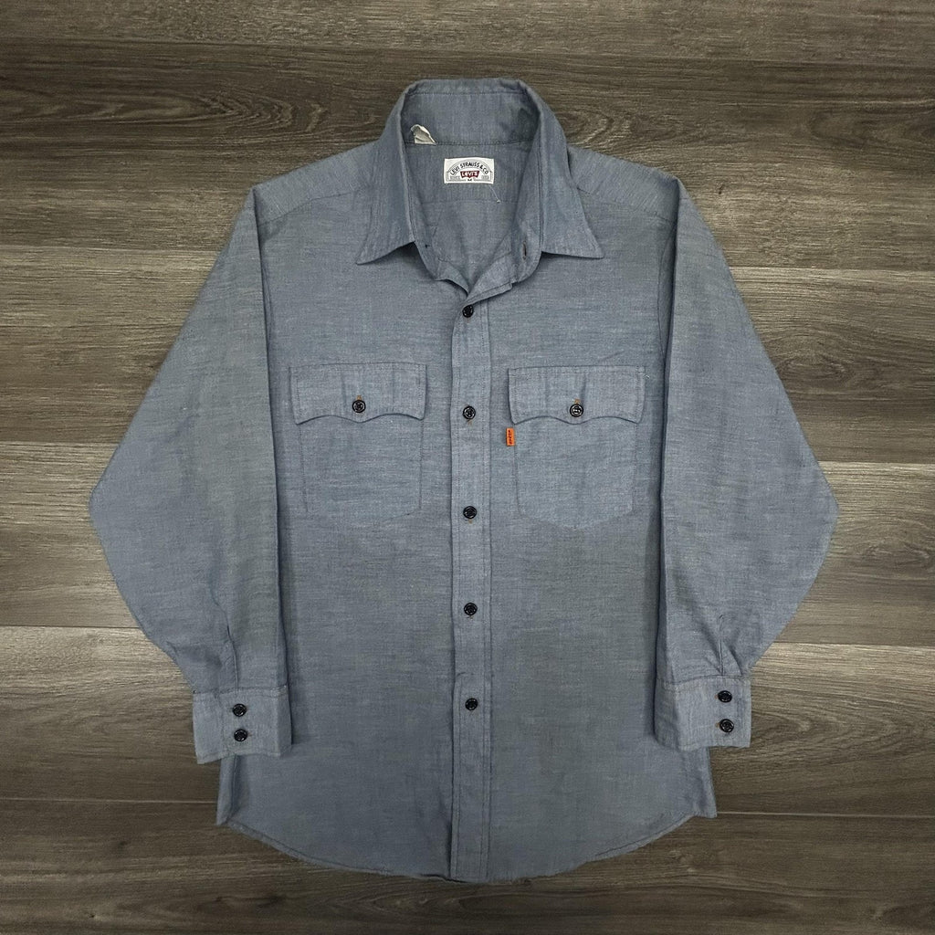 Vintage 70s Levis Denim Shirt Mens Medium Orange Tab Chambray Western Cowboy USA