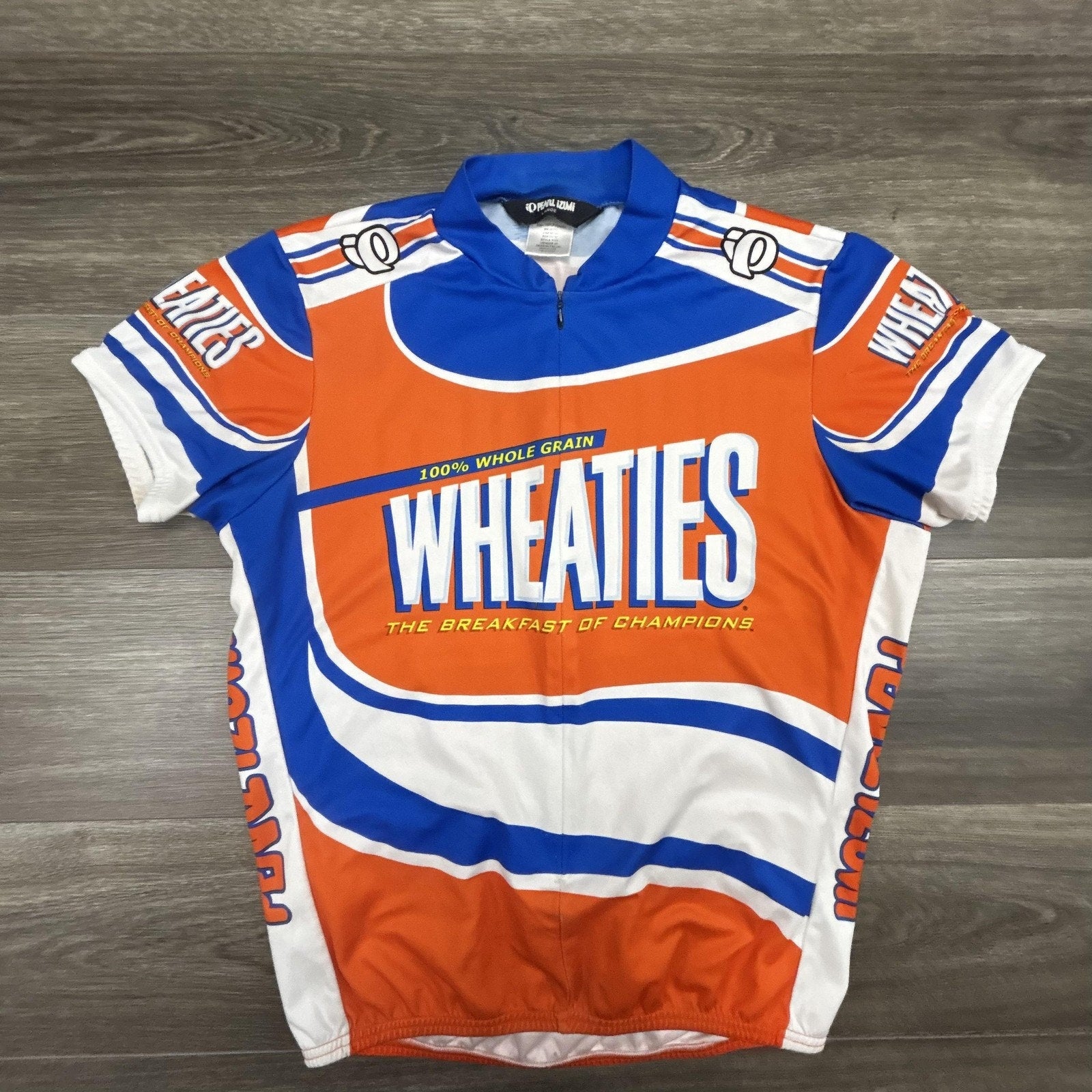 Wheaties Cycling Jersey Mens Large Orange Pearl Izumi 1/4 Zip Pockets Bike Top