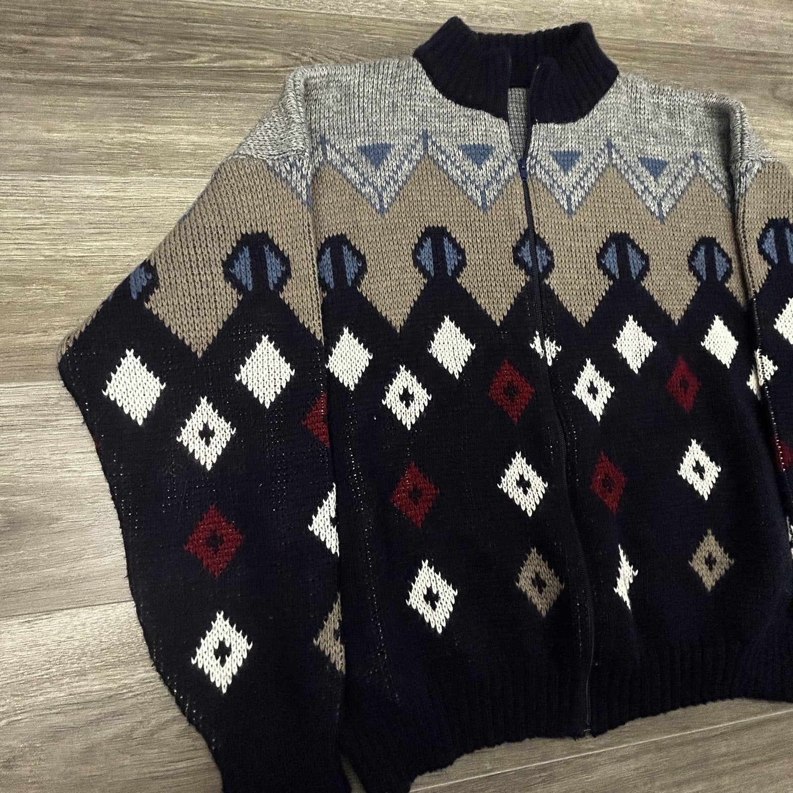 Vintage Sheep's Wool Sweater Mens Extra Large Navy Full Zip Made in Italy 90s