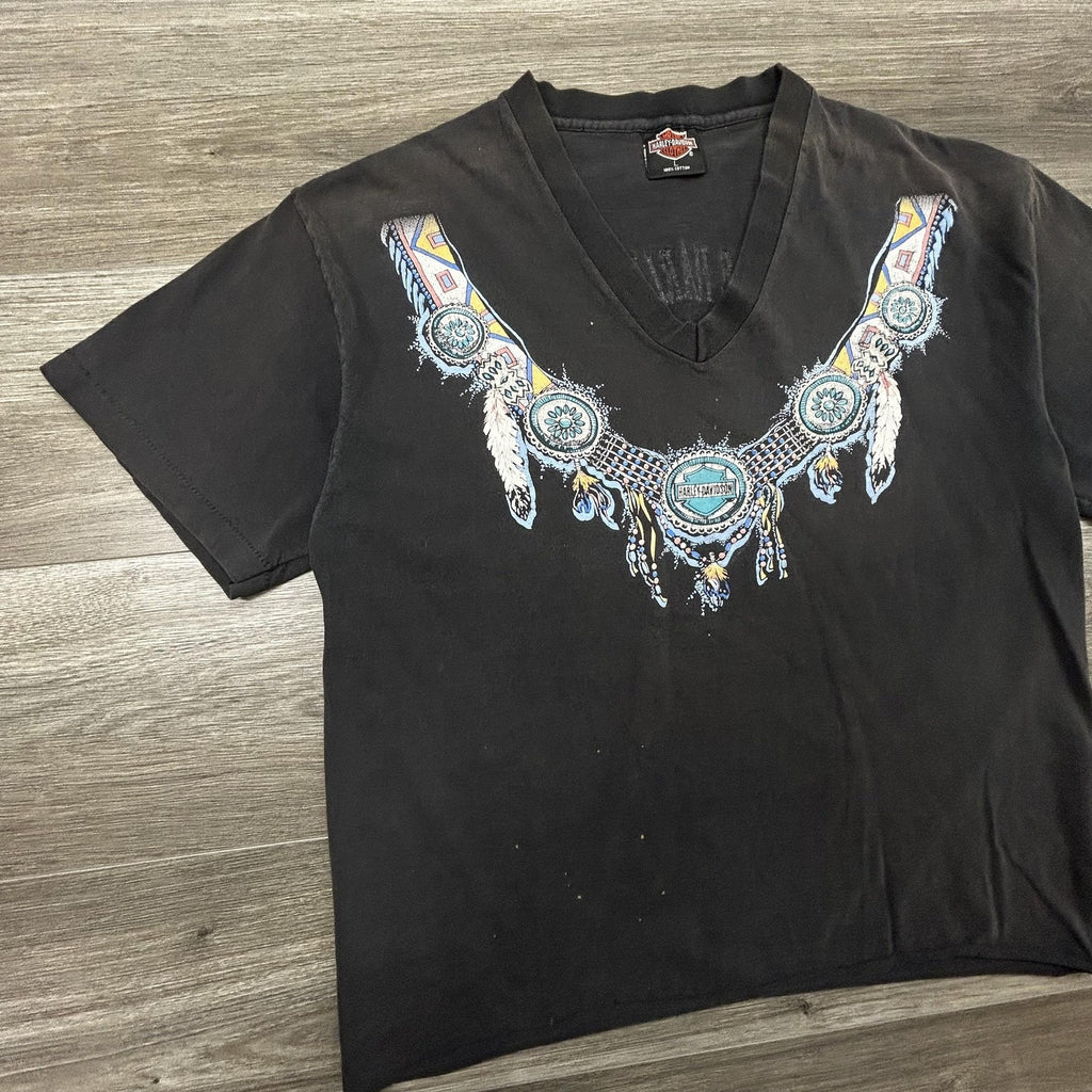 Vintage Harley Davidson Shirt Womens Large Black V-Neck Native 1993 Holoubek USA