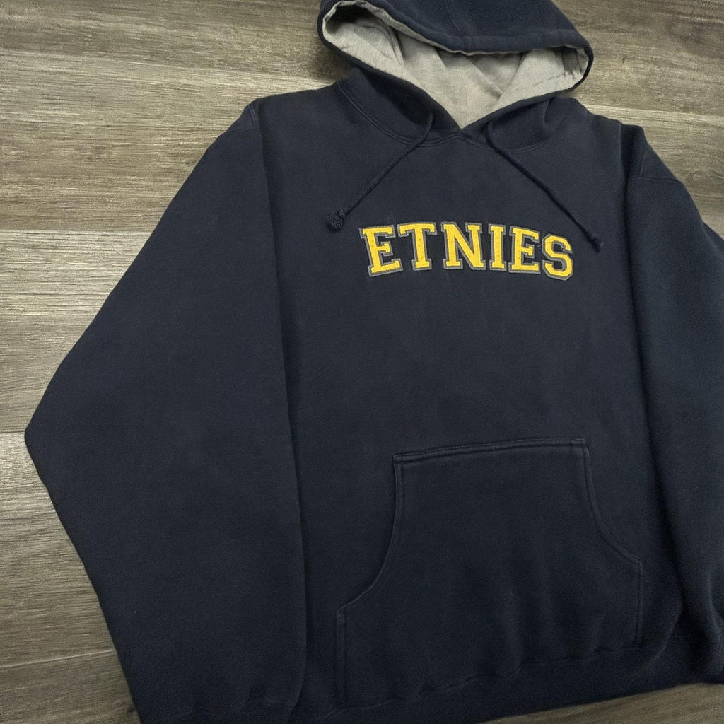 Vintage Etnies Hoodie Mens Large Navy Blue Pullover Skateboard Logo Grunge Y2K