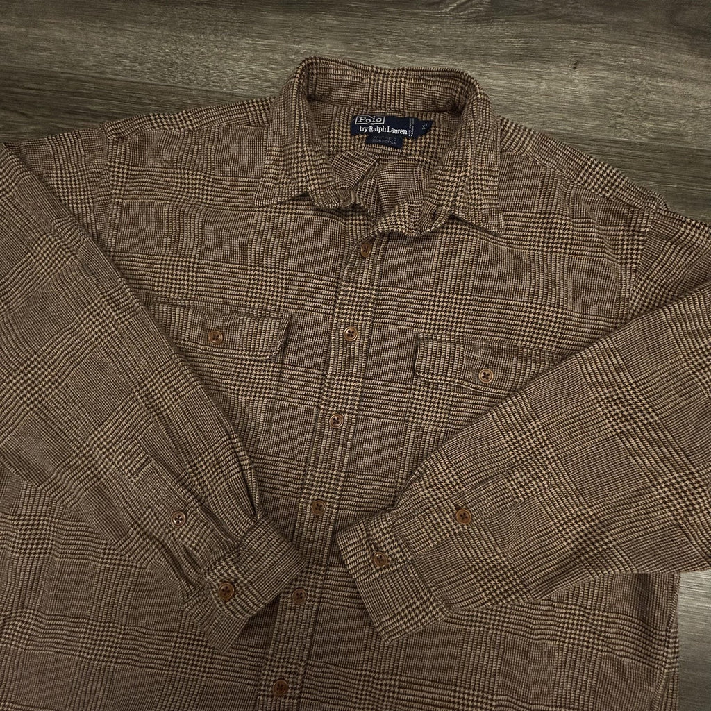 Vintage Polo Ralph Lauren Flannel Shirt Mens XL Brown Plaid Whitfield Preppy 90s