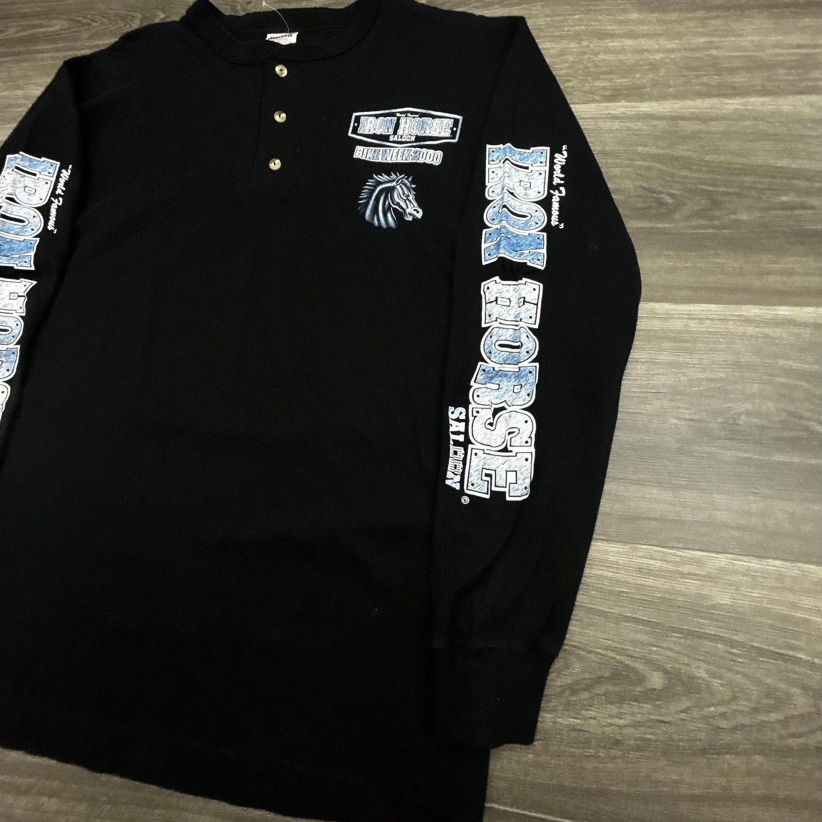 Vintage Iron Horse Saloon Shirt Mens Medium Black Henley Bike Week Long Sleeve