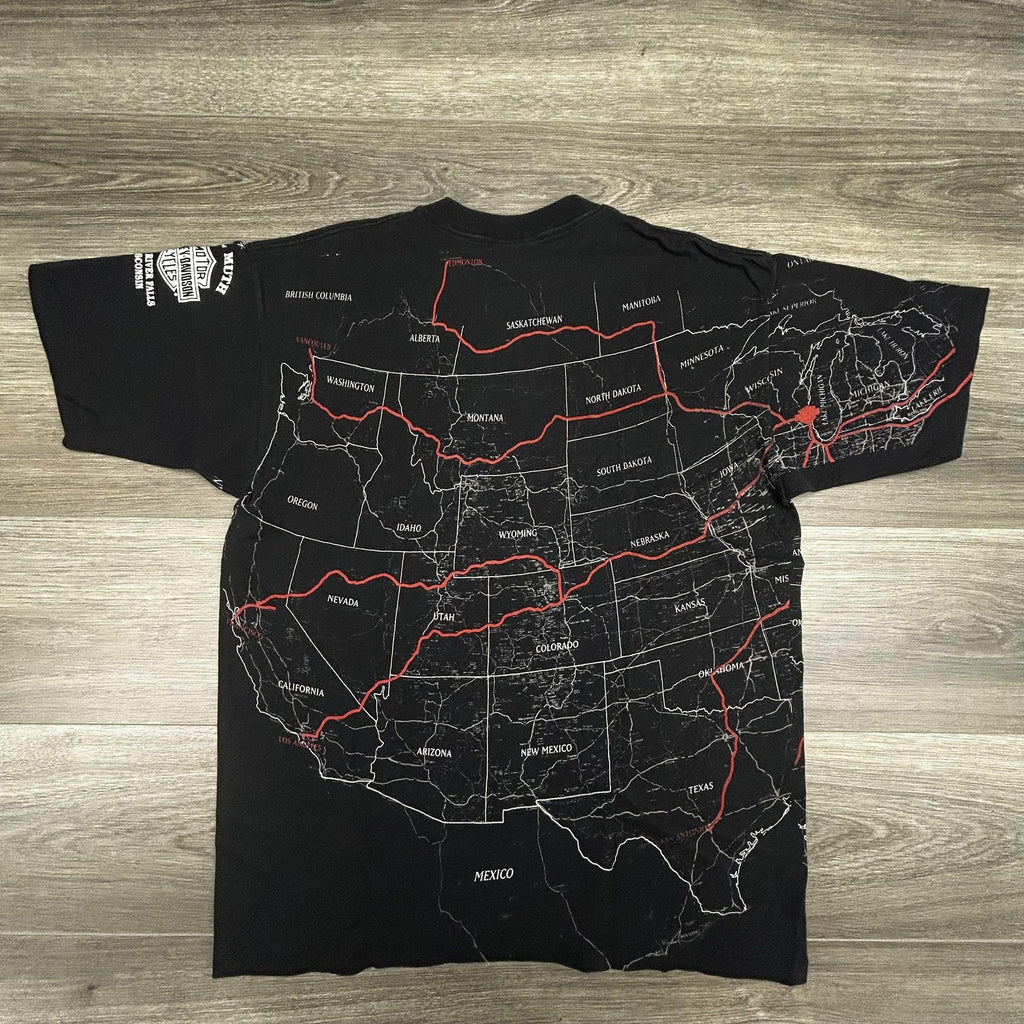 Vintage Harley Davidson Shirt Mens Large Black USA Map AOP Holoubek 1992 90s