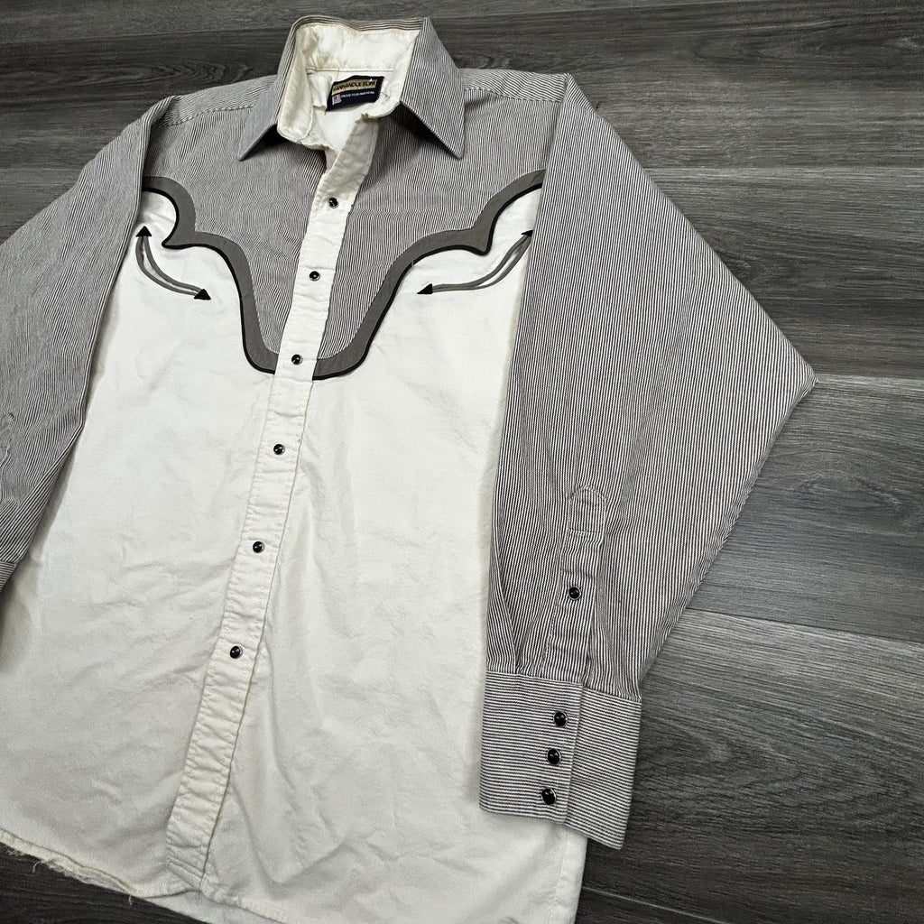 Vintage Panhandle Slim Pearl Snap Shirt Mens Medium White Smile Pocket 80s USA