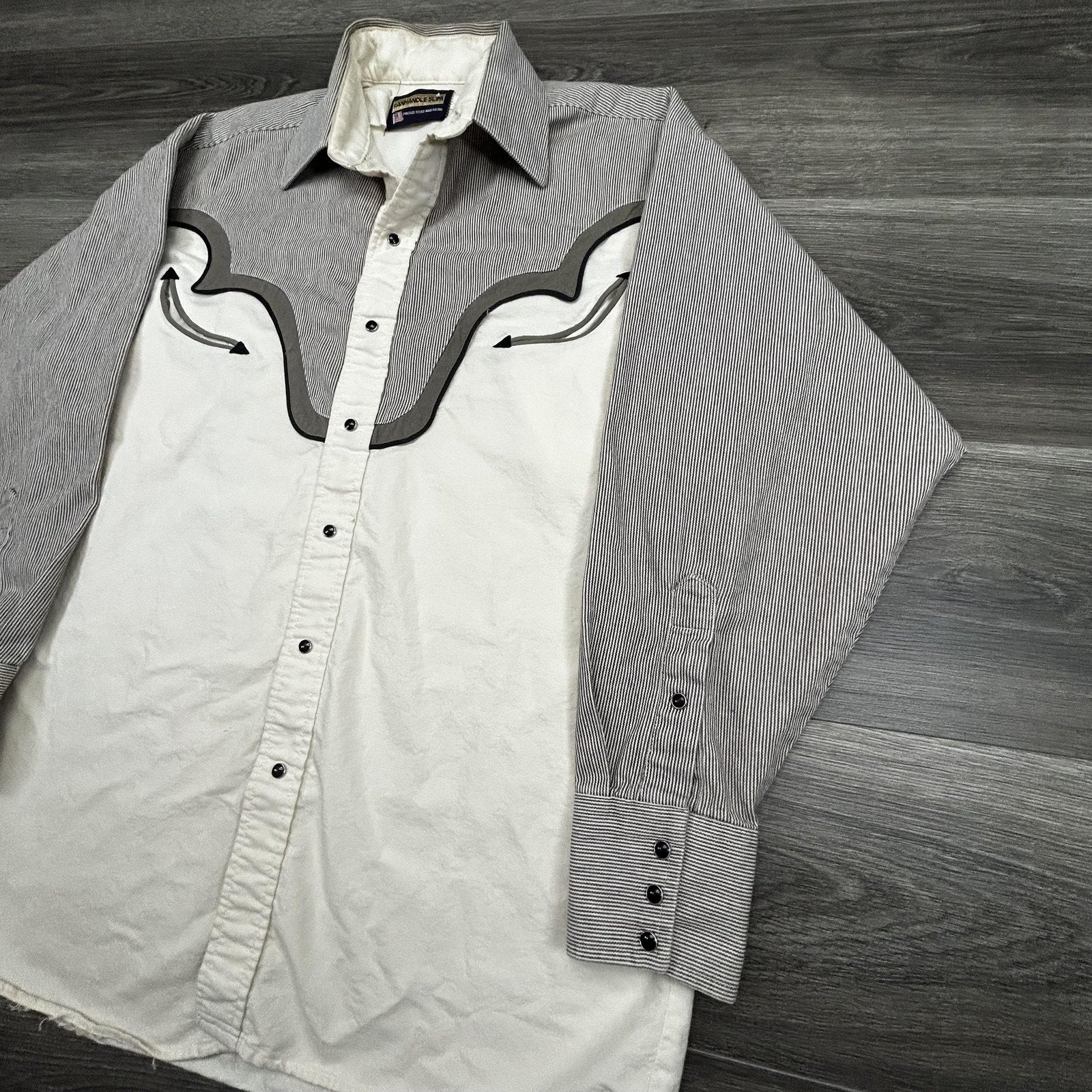 Vintage Panhandle Slim Pearl Snap Shirt Mens Medium White Smile Pocket 80s USA