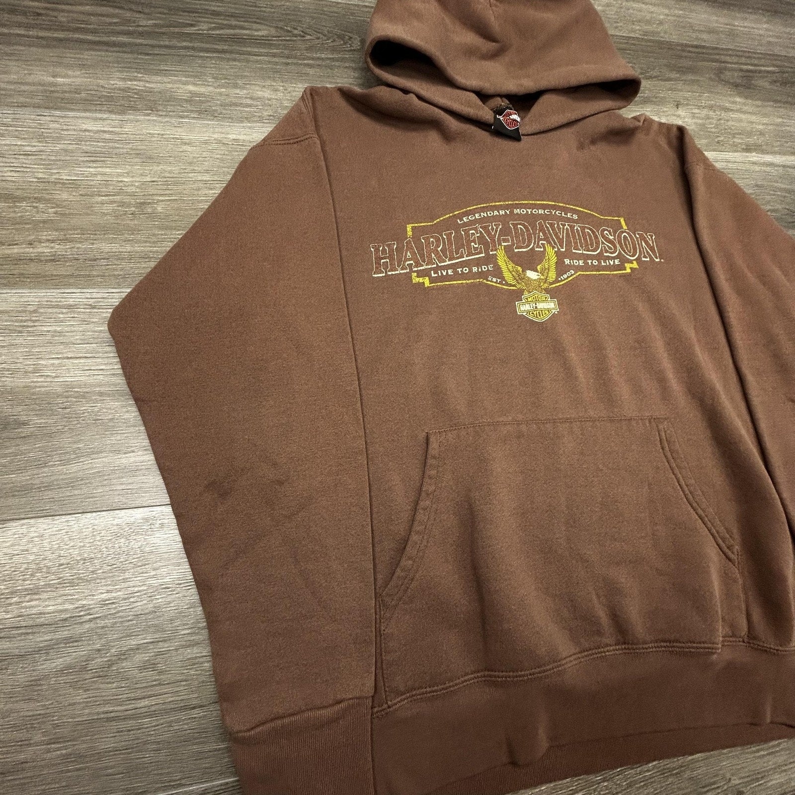 Vintage Harley-Davidson Hoodie Mens XL Brown Fleece Pullover Eagle Graphic Y2K