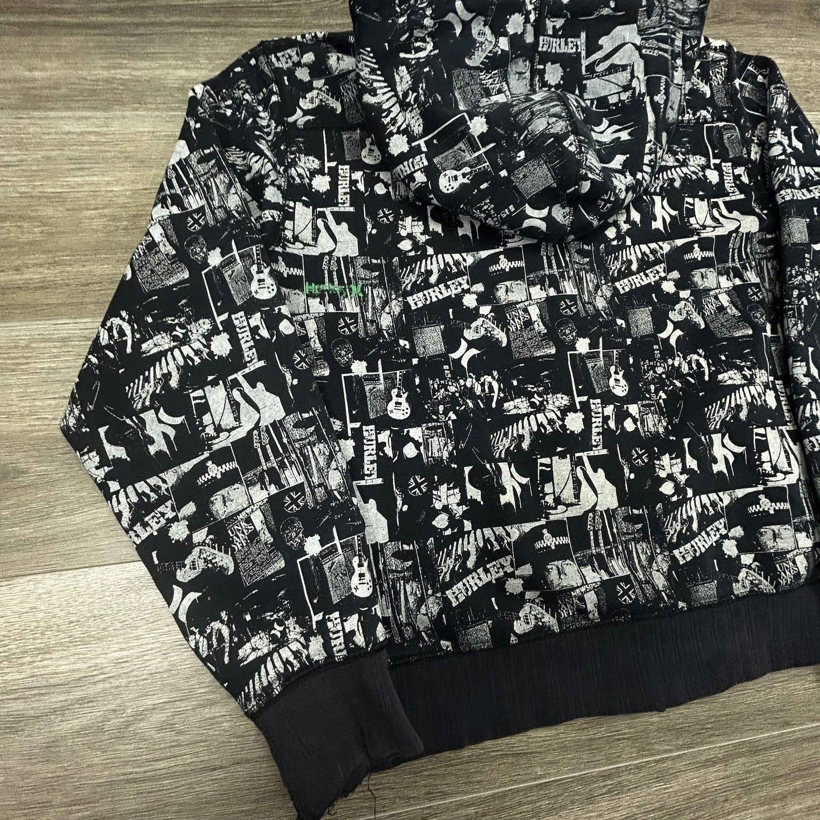 Vintage Hurley Hoodie Mens Large Black AOP Full Zip Music Rock Skate Surf Y2K