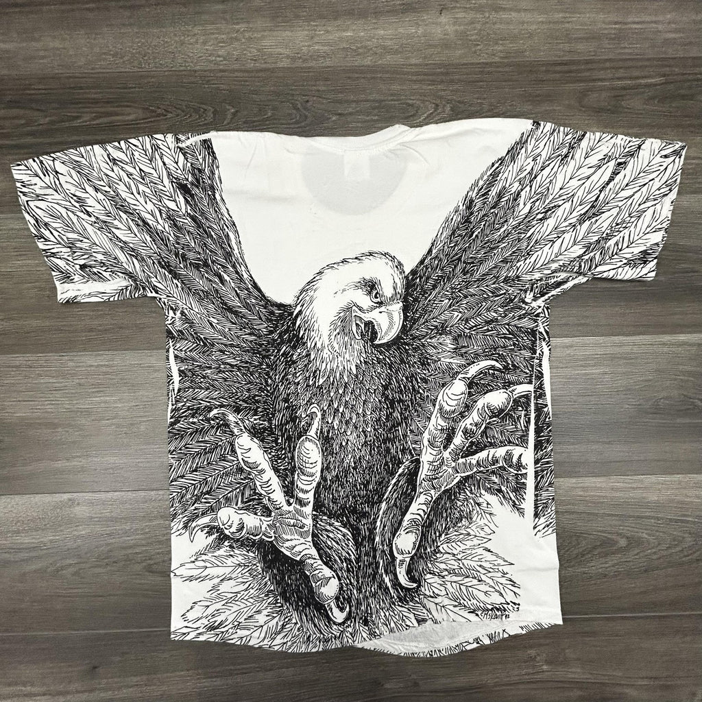 Vintage 90s Bald Eagle Shirt Mens Large White AOP Single Stitch Made USA 1992