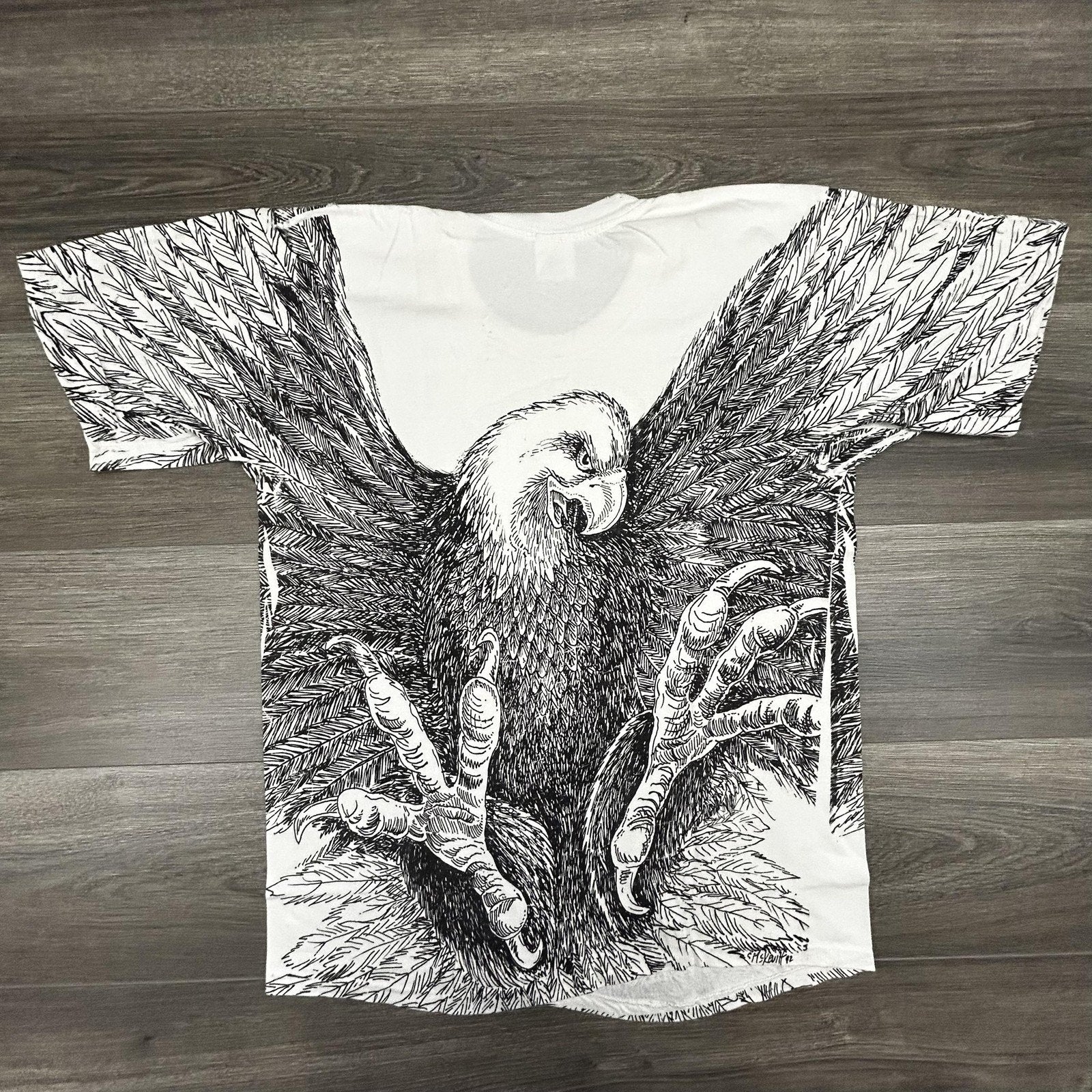 Vintage 90s Bald Eagle Shirt Mens Large White AOP Single Stitch Made USA 1992