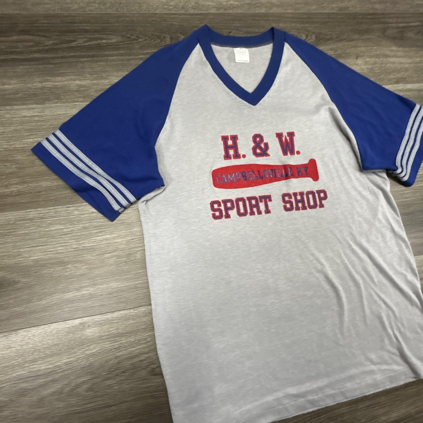 True Vintage 70s Baseball Shirt Mens XL Blue Sports Shop Ringer Raglan Made USA