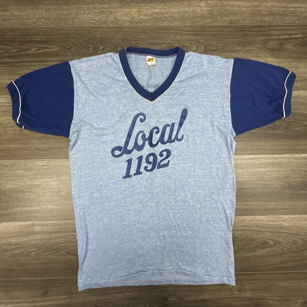 Vintage 70s Russell Athletic Ringer Shirt Mens Large Blue Union Gold Tag USA