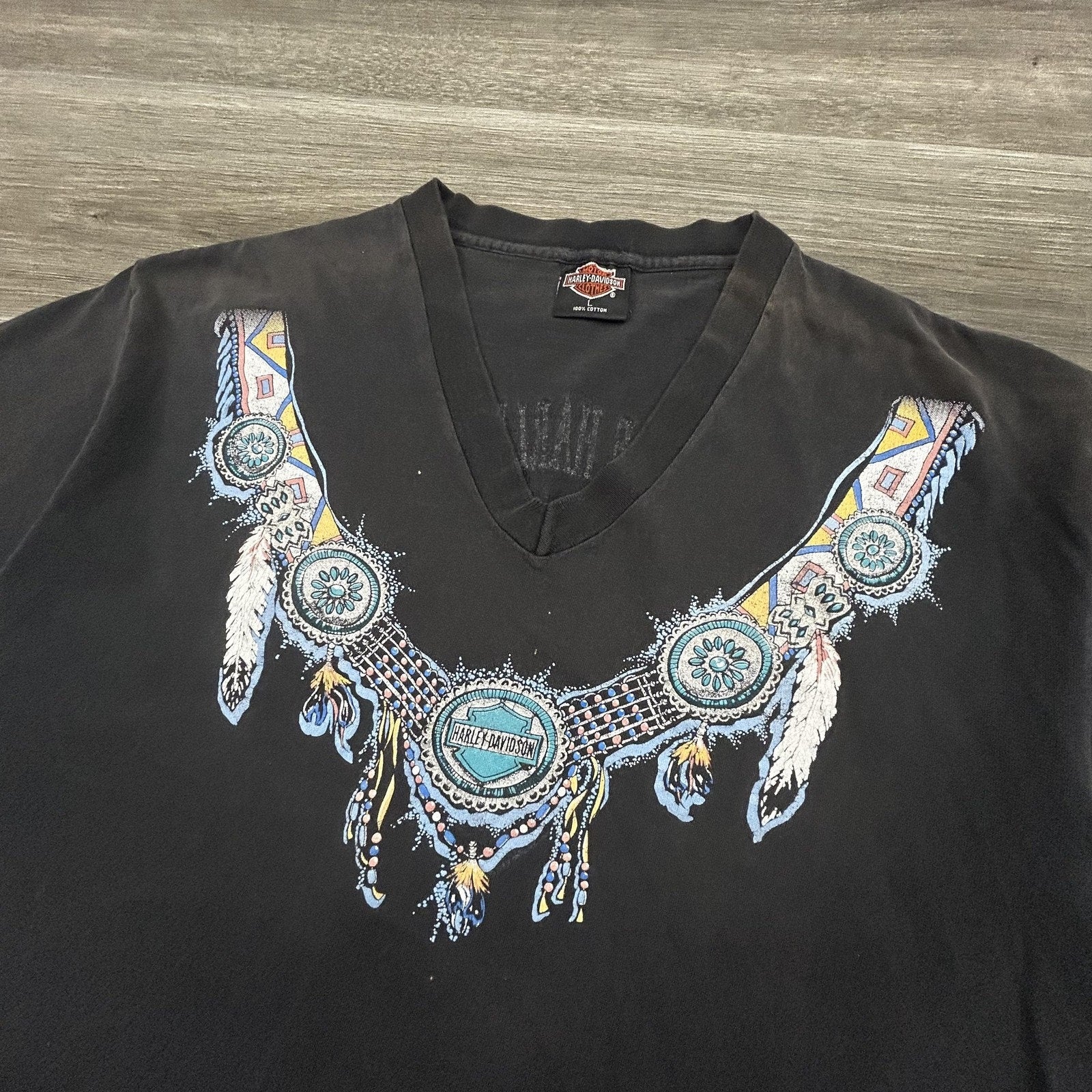 Vintage Harley Davidson Shirt Womens Large Black V-Neck Native 1993 Holoubek USA