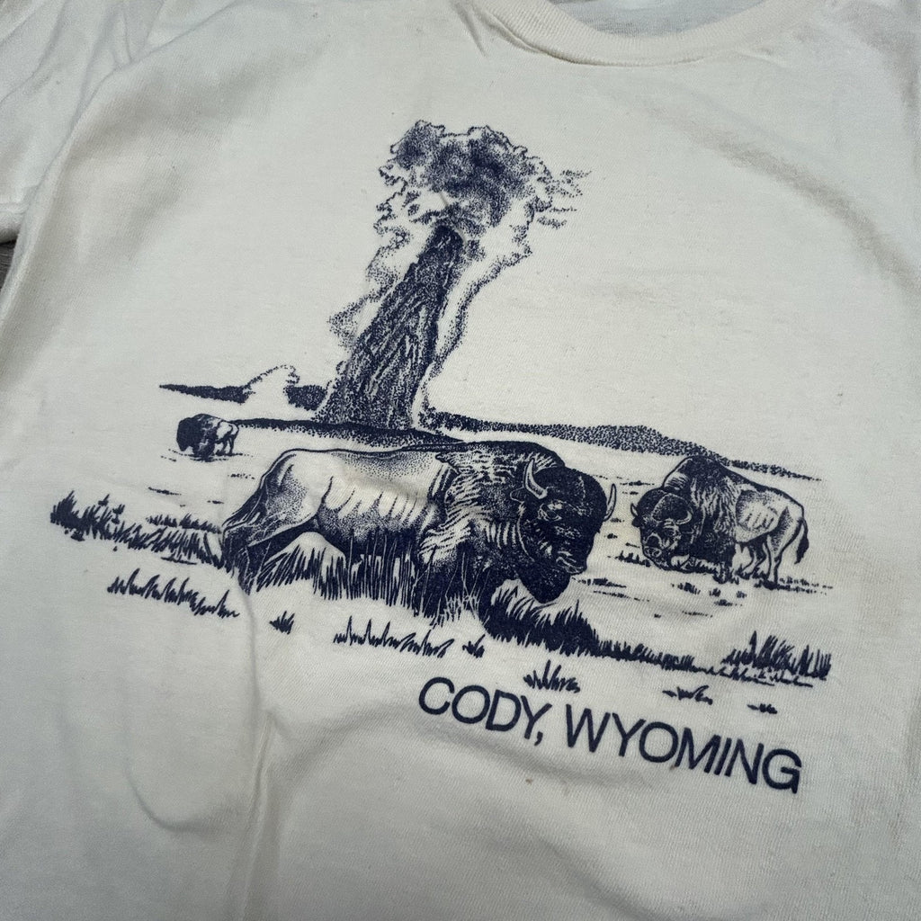 True Vintage 70s Cody Wyoming Shirt Mens Medium White Buffalo Geyser Faded USA