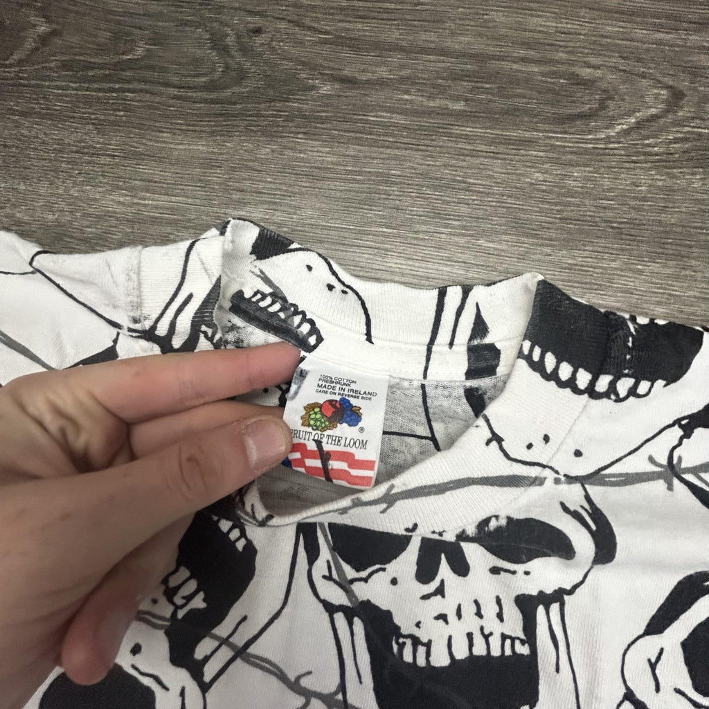 Vintage Skull AOP Shirt Mens Large White Solar-T Biker Punk Single Stitch 90s