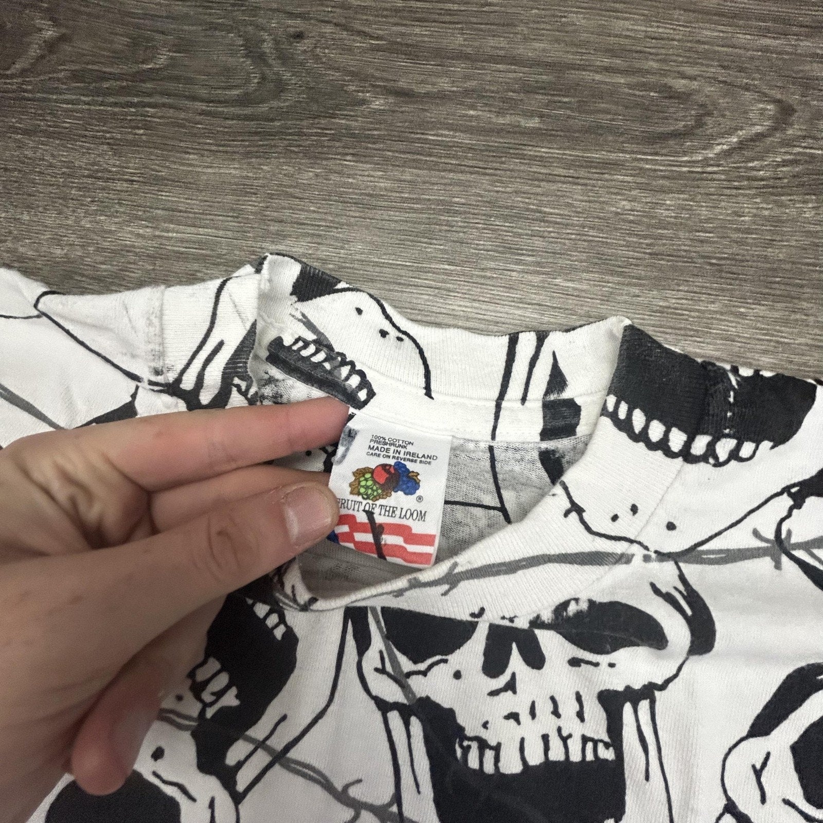 Vintage Skull AOP Shirt Mens Large White Solar-T Biker Punk Single Stitch 90s