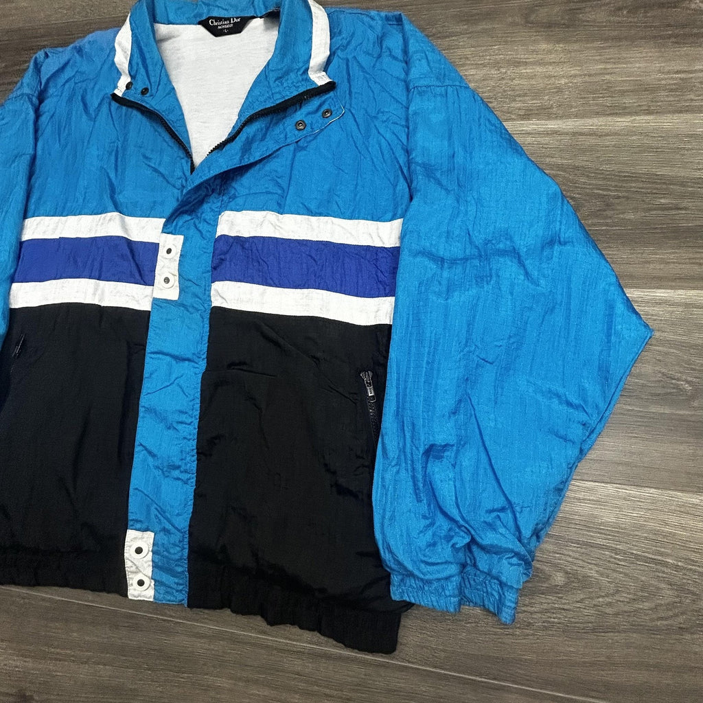 Vintage Christian Dior Windbreaker Jacket Mens Large Blue Navy Striped Nylon 80s