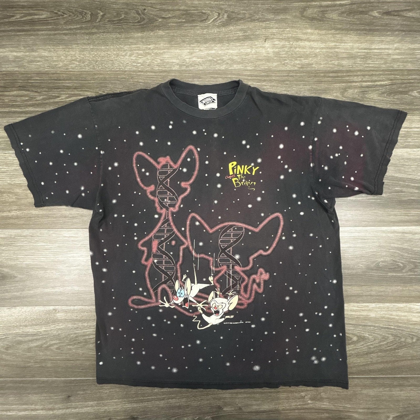 Vintage Pinky And The Brain Shirt Mens XL Black DNA Space AOP 1996 Made USA RARE