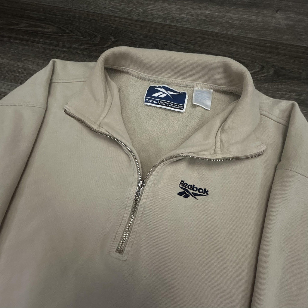Vintage Reebok 1/4 Zip Pullover Sweatshirt Mens Large Beige Mock Neck 90s Jacket