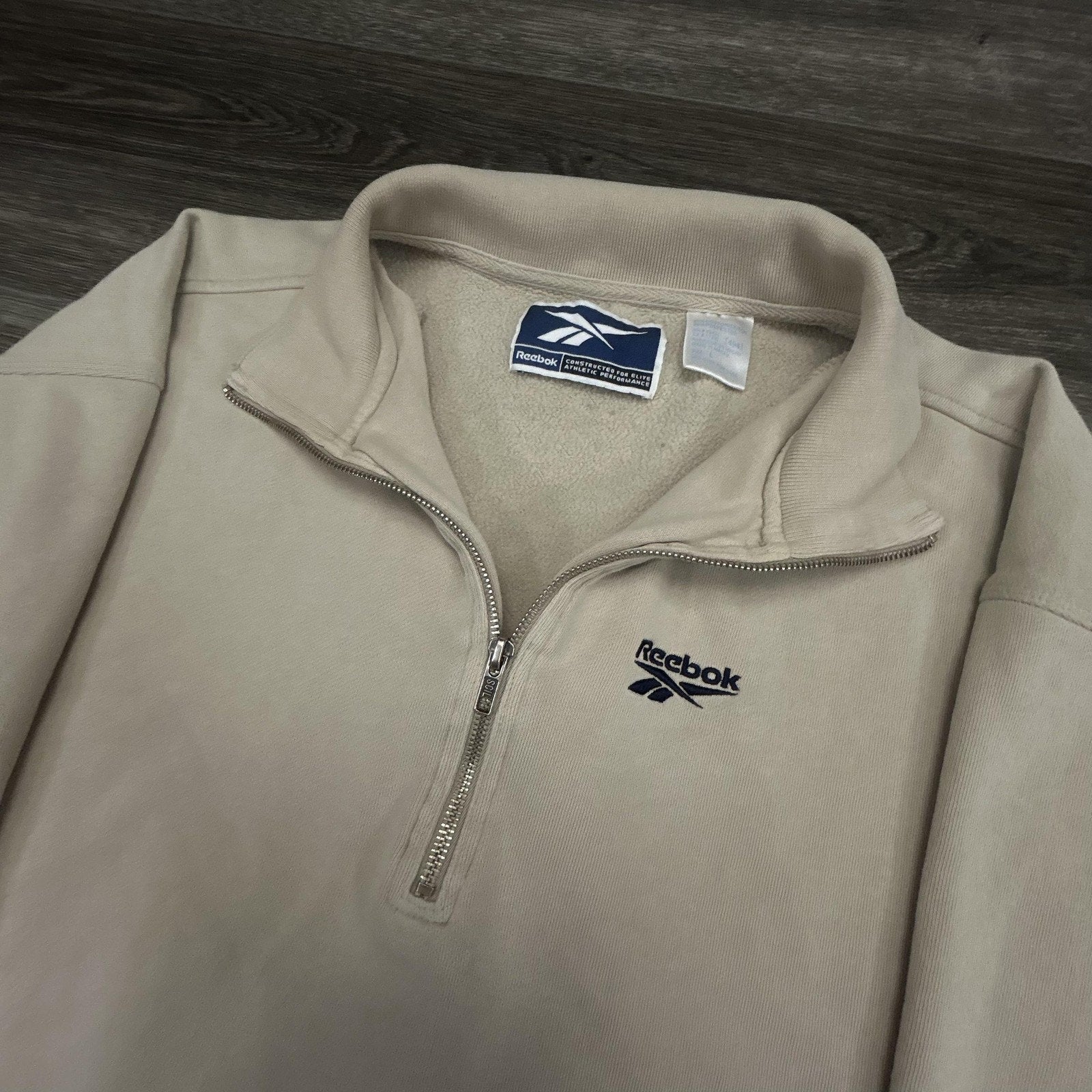 Vintage Reebok 1/4 Zip Pullover Sweatshirt Mens Large Beige Mock Neck 90s Jacket