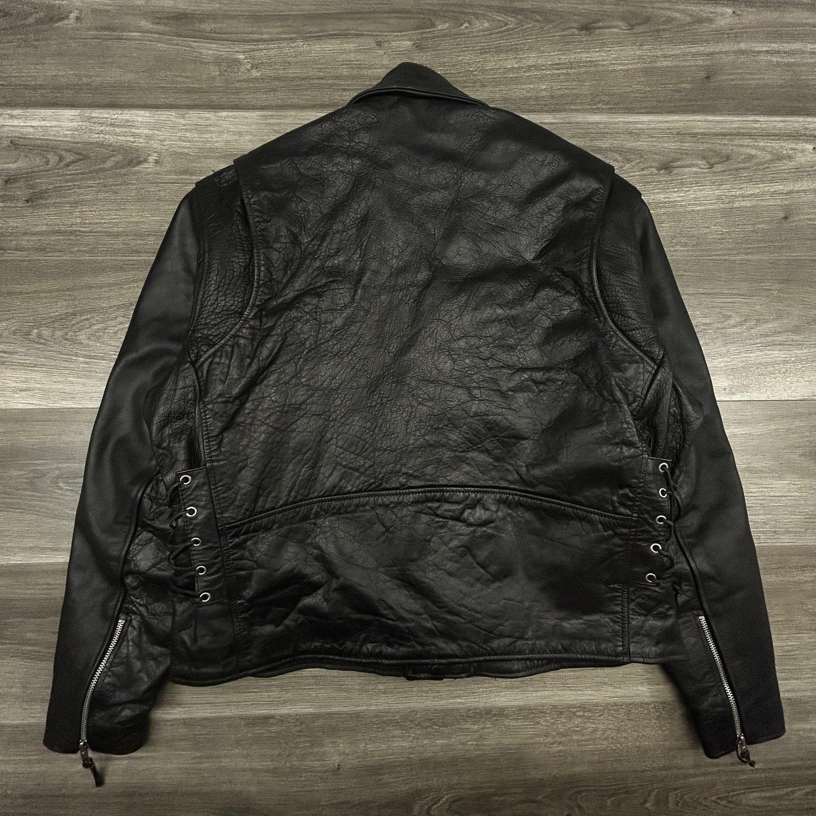 Vintage Hot Leathers Jacket Mens 50 Black Motorcycle Biker Belted Side Lace Zip 90s