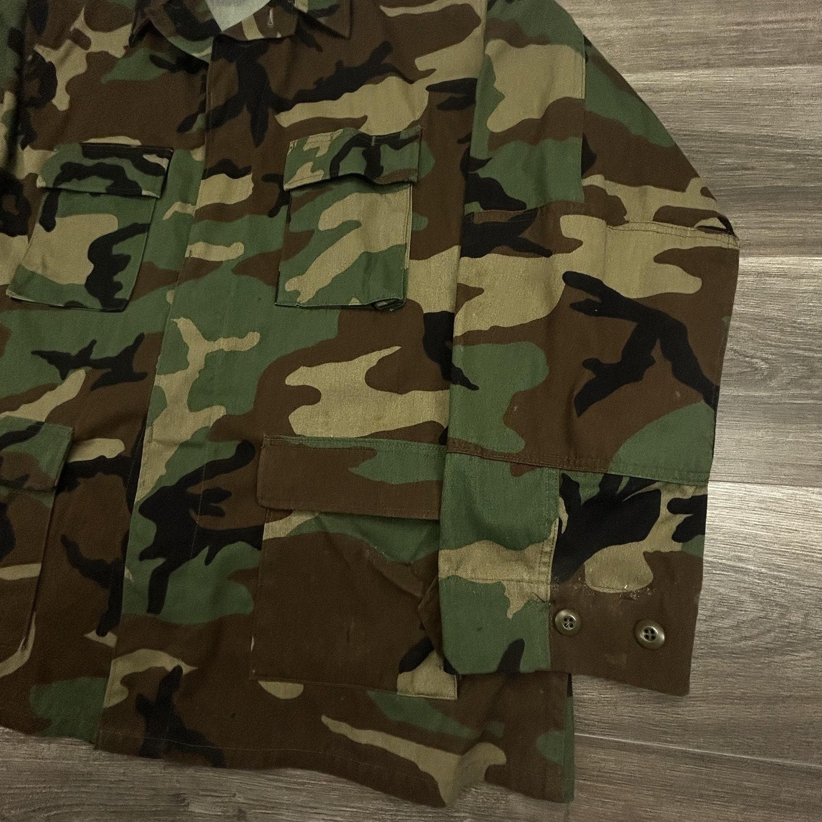 Vintage Army BDU Combat Coat Mens XLT Green Woodland Camo Military Jacket 90s