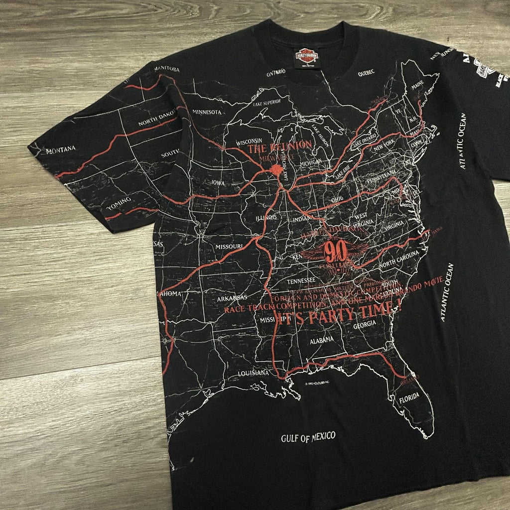 Vintage Harley Davidson Shirt Mens Large Black USA Map AOP Holoubek 1992 90s