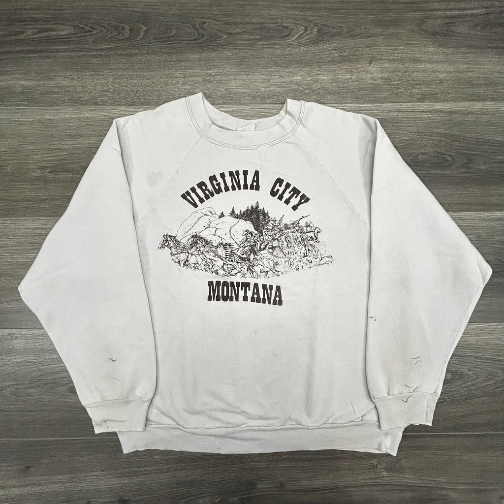 True Vintage 70s Cowboy Indian Sweatshirt Mens XL Gray Virginia City Montana USA