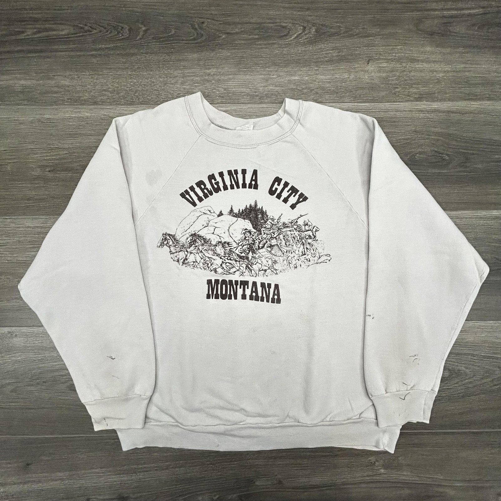 True Vintage 70s Cowboy Indian Sweatshirt Mens XL Gray Virginia City Montana USA