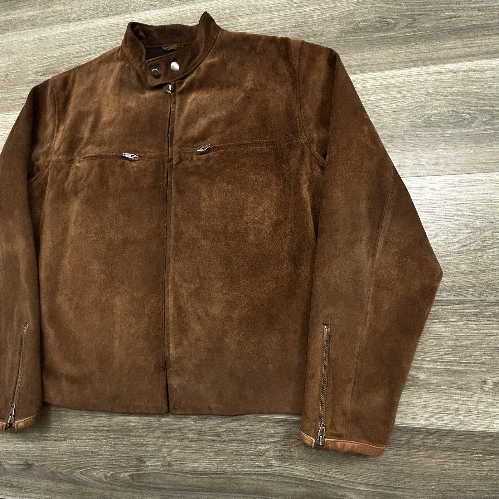 Vintage Polo Ralph Lauren Suede Leather Jacket Mens Large Brown Moto Wool Lined