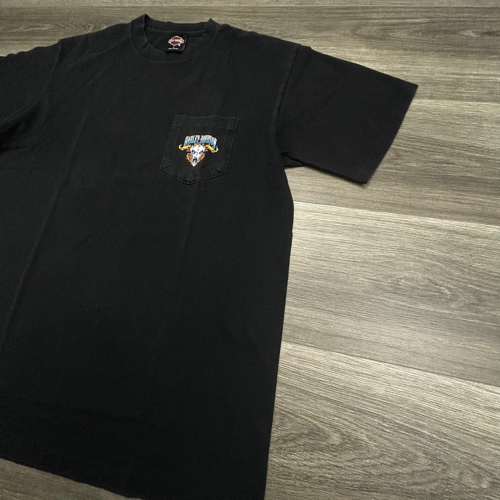 Vintage Harley Davidson Shirt Mens Large Black Pocket Flame Skull Single 90s USA