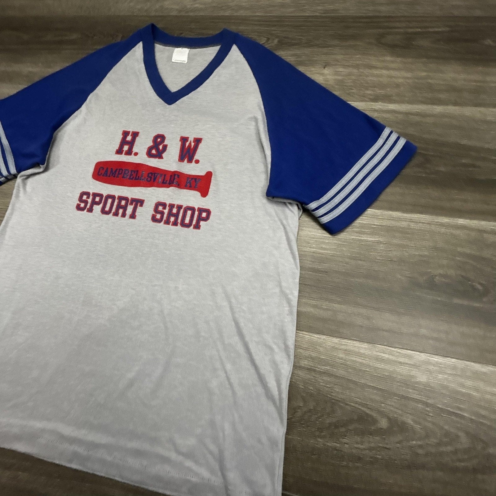 True Vintage 70s Baseball Shirt Mens XL Blue Sports Shop Ringer Raglan Made USA