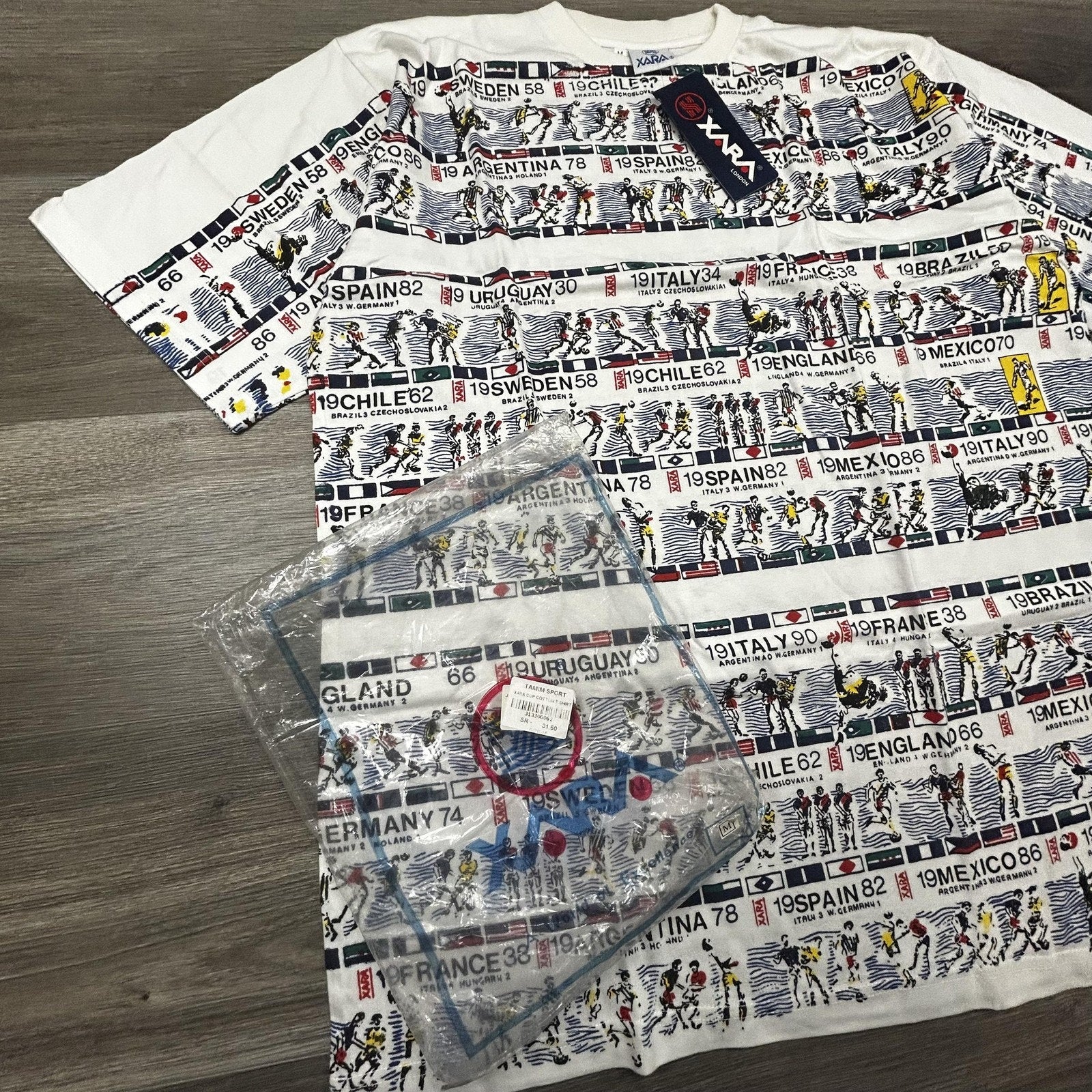 Vintage World Cup Shirt Mens Medium White Xara Soccer AOP Deadstock 90s Made USA